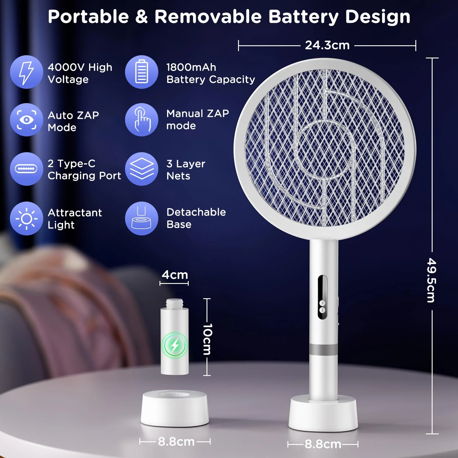 Raqueta Mosquitos Electrica 4000V, 1800mAh USB-C Recargable Matamoscas Fuerte con Lámpara UV, Malla 3 Capas, Blanco