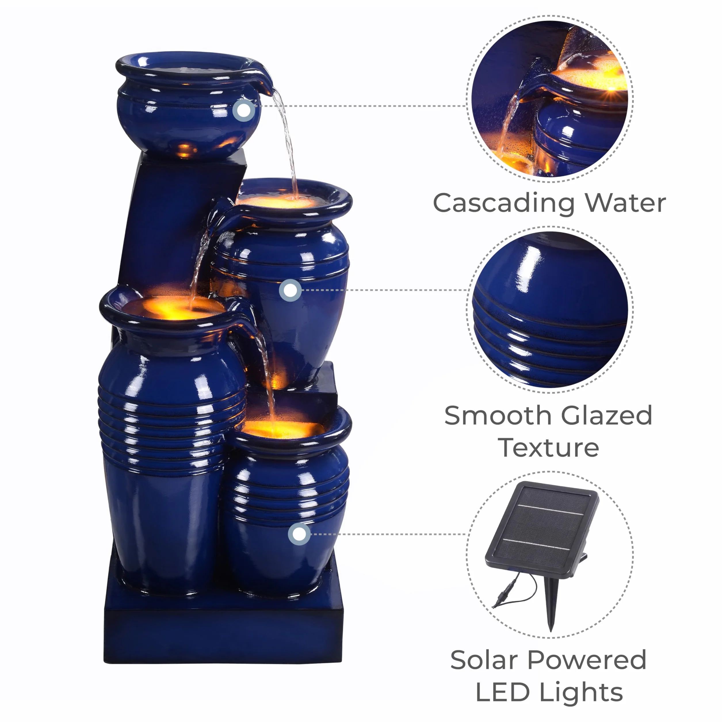 Fuente de Agua Solar en Cascada de 4 Niveles, Luces LED, 28.74", Azul Marino. Ideal para Jardines, Patios, Balcones. Marca Teamson Home.