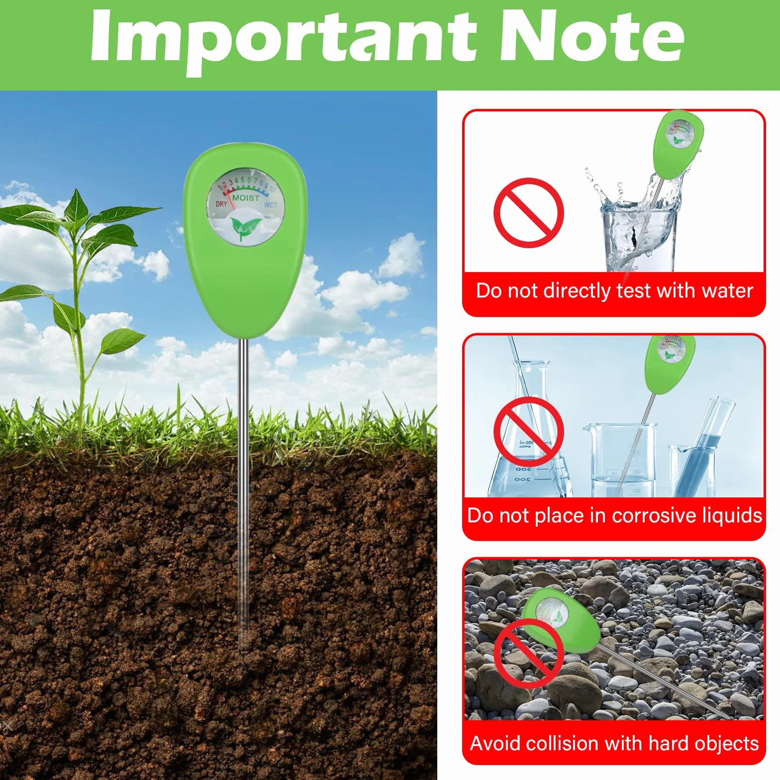 Medidor de Humedad del Suelo, Probador sin Baterías, Higrómetro para Plantas Interior y Exterior, Jardinería