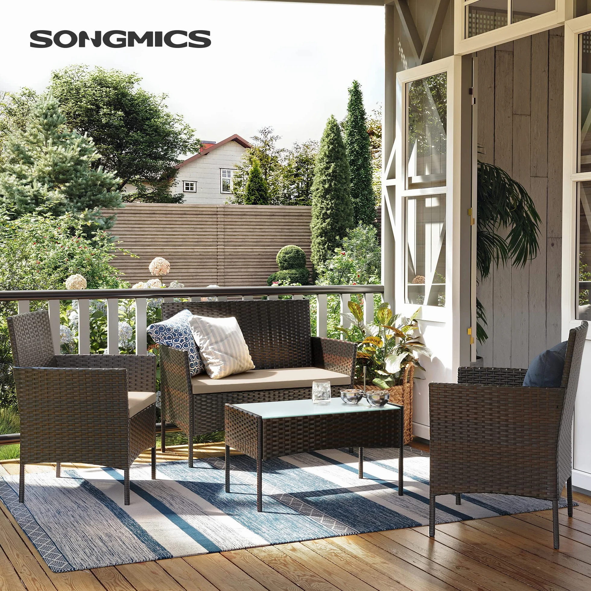 SONGMICS Conjunto de Muebles de Jardín Ratán Mimbre PE Marrón GGF004K05
