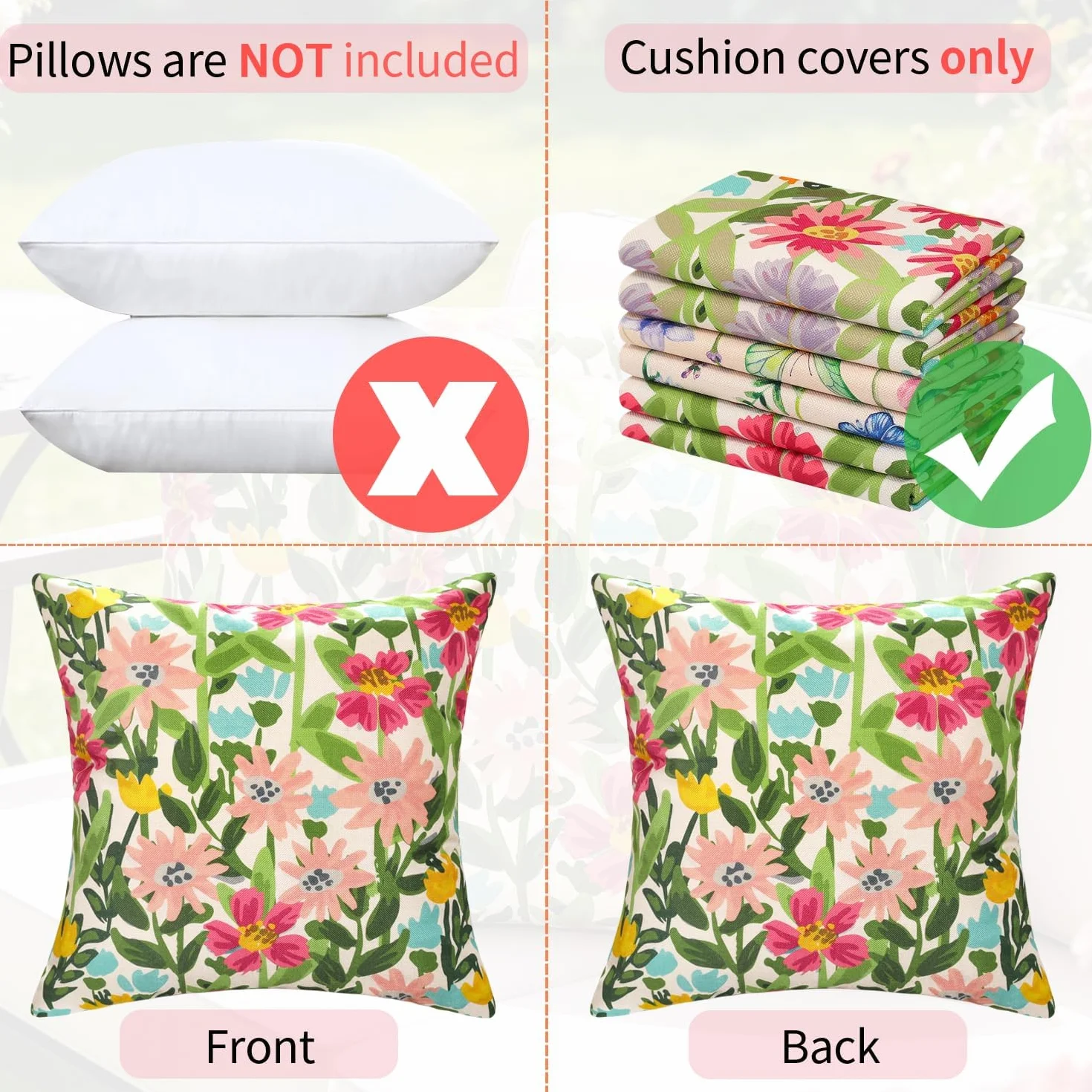 Fundas de cojín impermeables 40x40 cm para exteriores con estampado de flores
