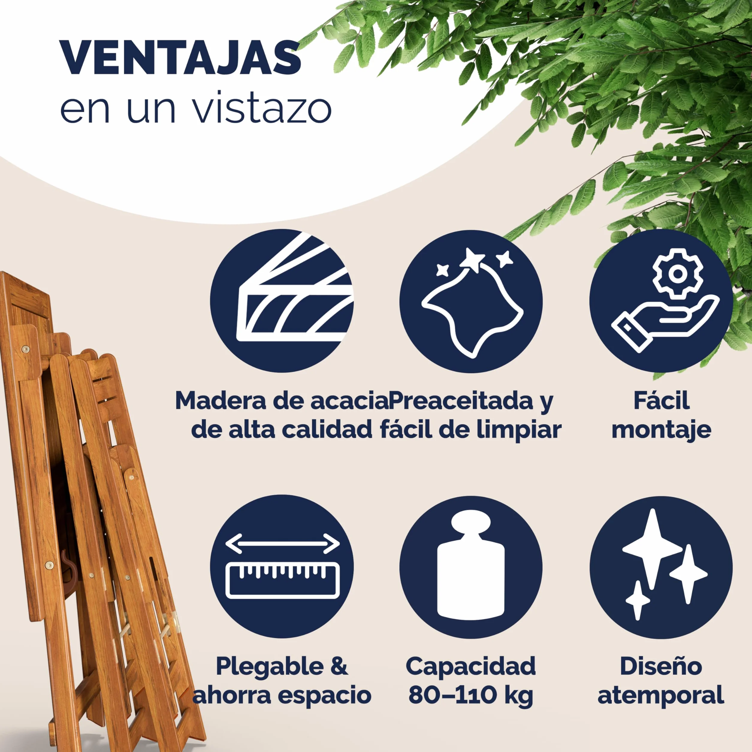 Casaria Set de Mesa y 2 Sillas Plegables Madera, Juego Bistró Compacto Jardín