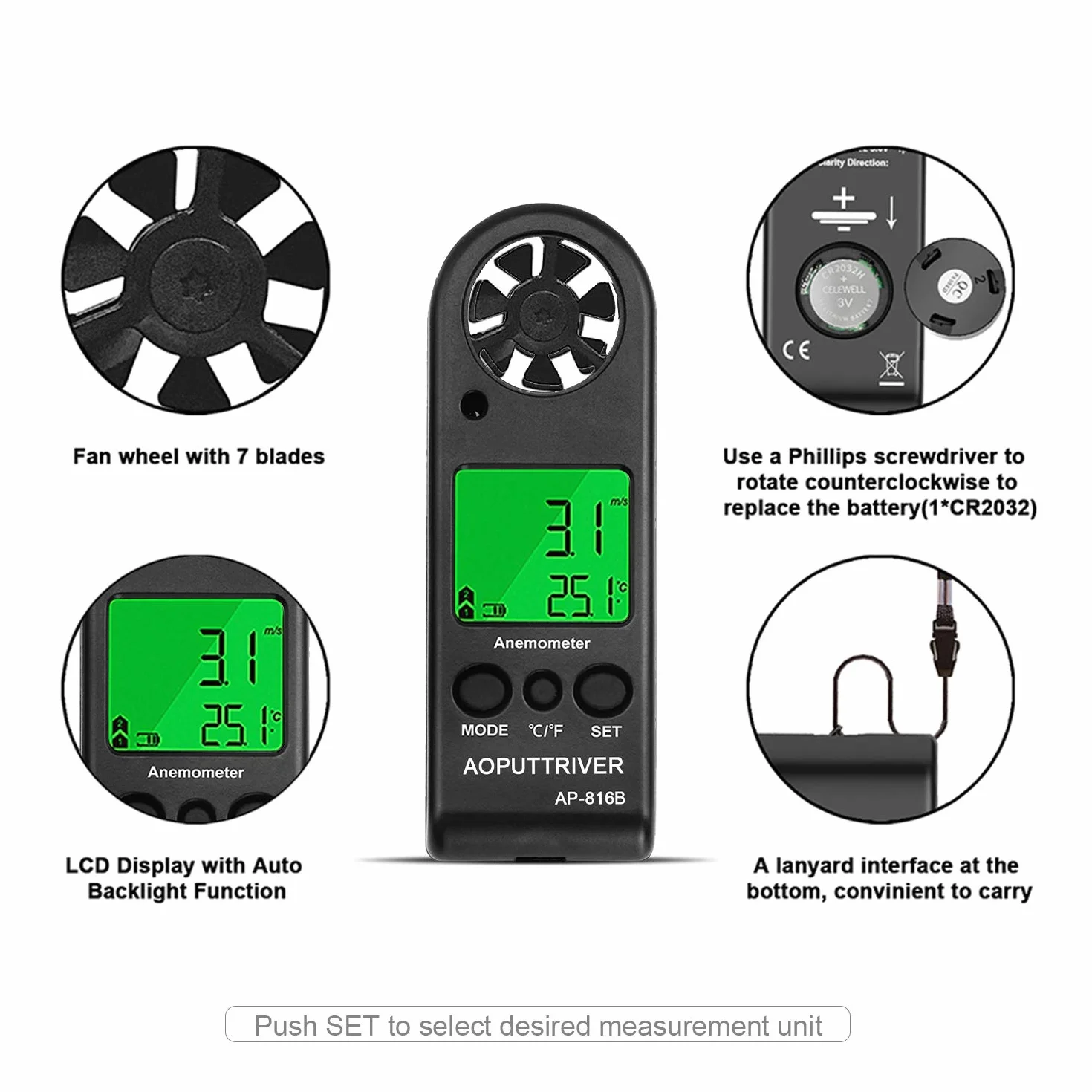 Anemometro Digital AP-816B Medidor de Velocidad Viento LCD con Luz de Fondo
