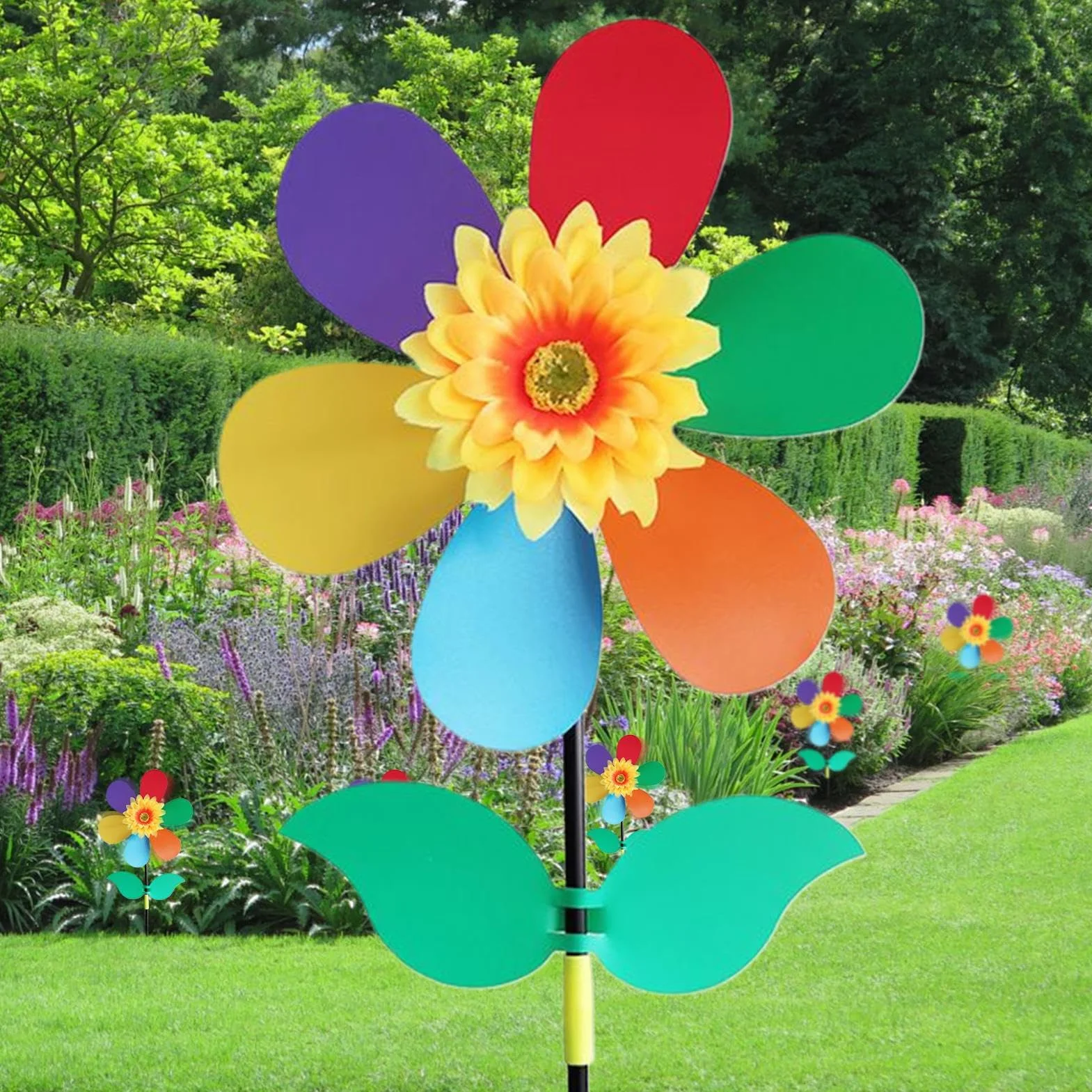 Girasol giratorio para patio y jardín, molinillos de viento al aire libre, girasol, molino de viento, adorno de estaca impermeable, decoración para patio, puerta delantera, niños y exteriores