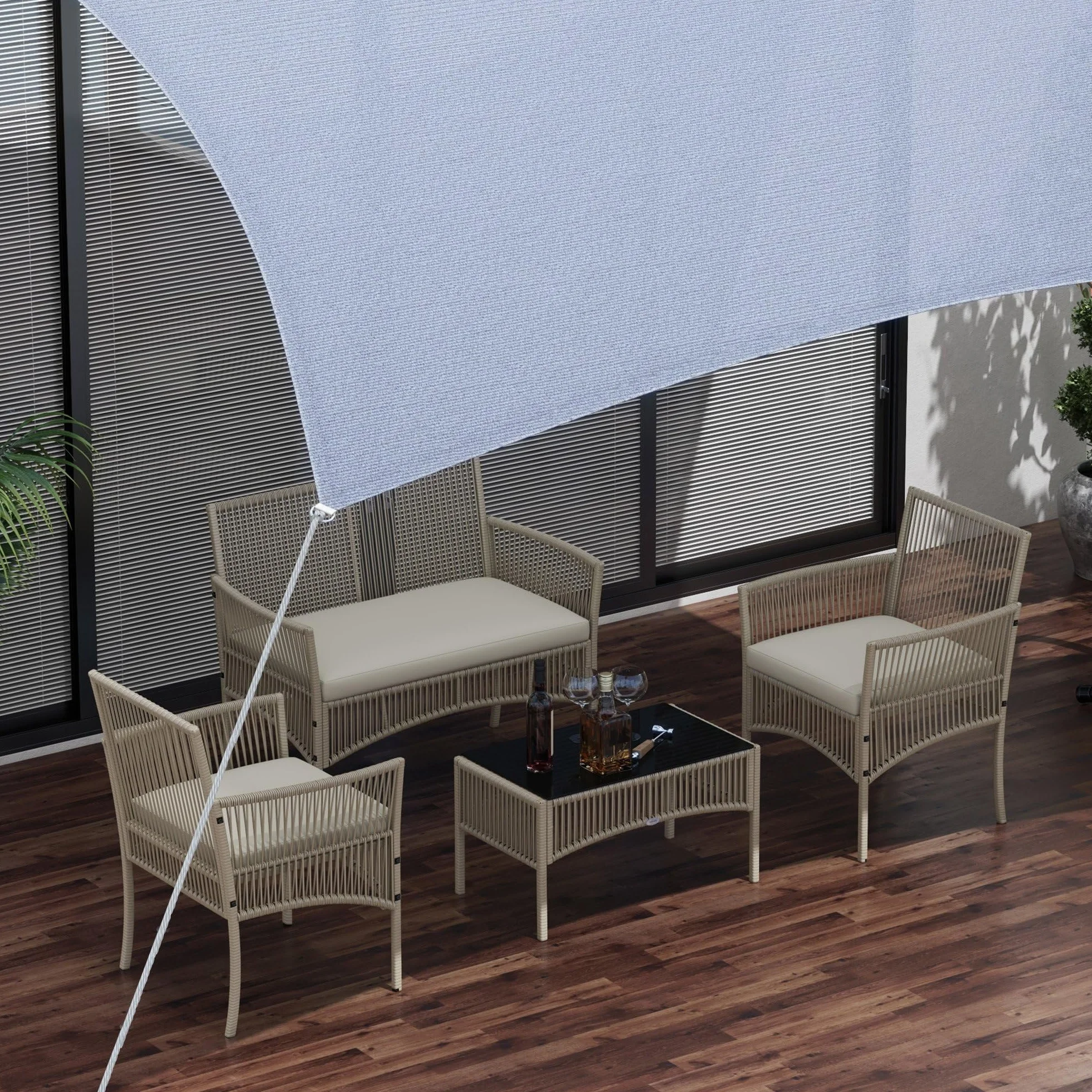Outsunny Conjunto Jardín Exterior Ratán 4 Piezas Sofá 2 Plazas Sillones Cojines Mesa Tablero Vidrio Caqui