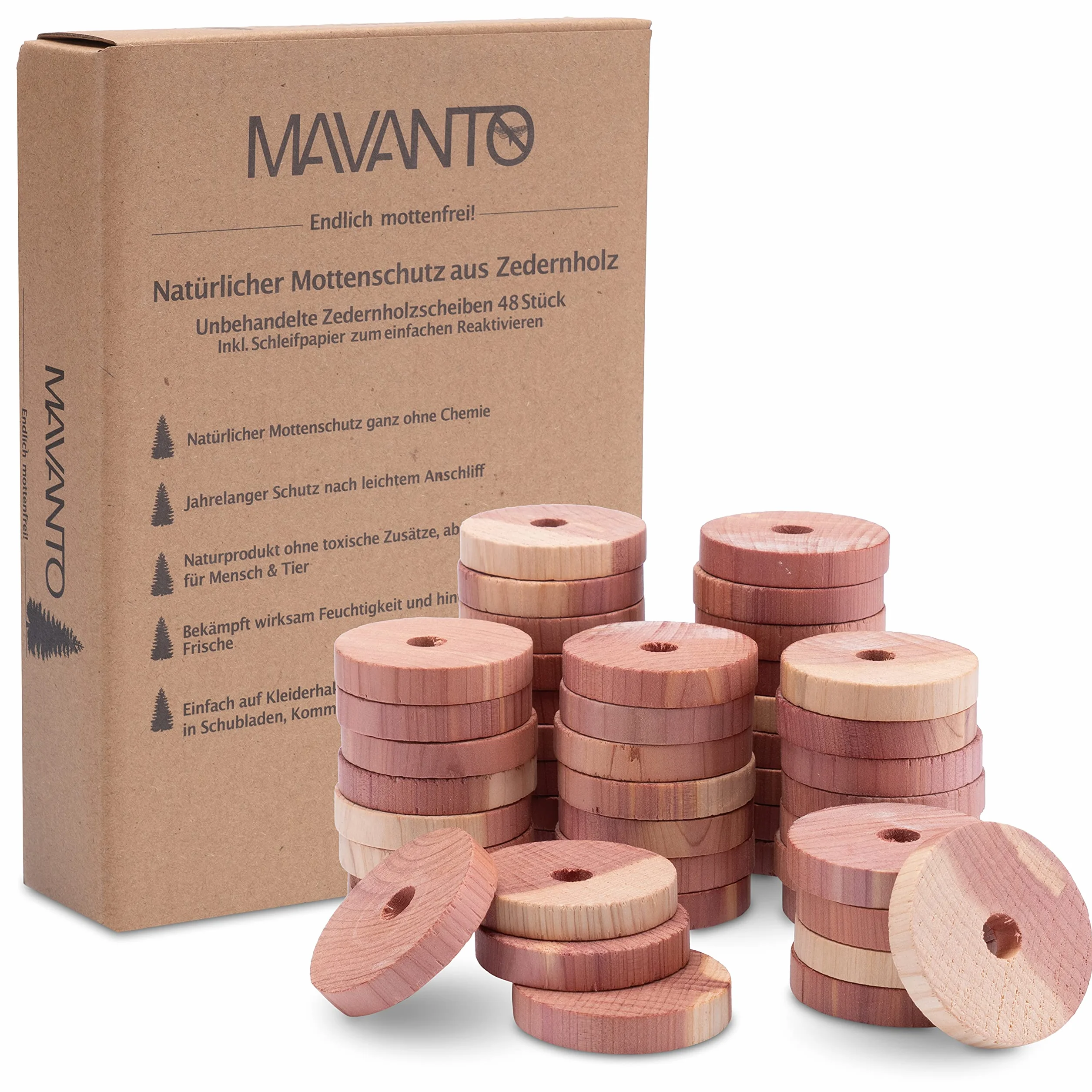Mavanto 48x Antipolillas de Madera de Cedro para Armarios y Perchas - 100% Natural - incl. Papel de Lija GRATUITO