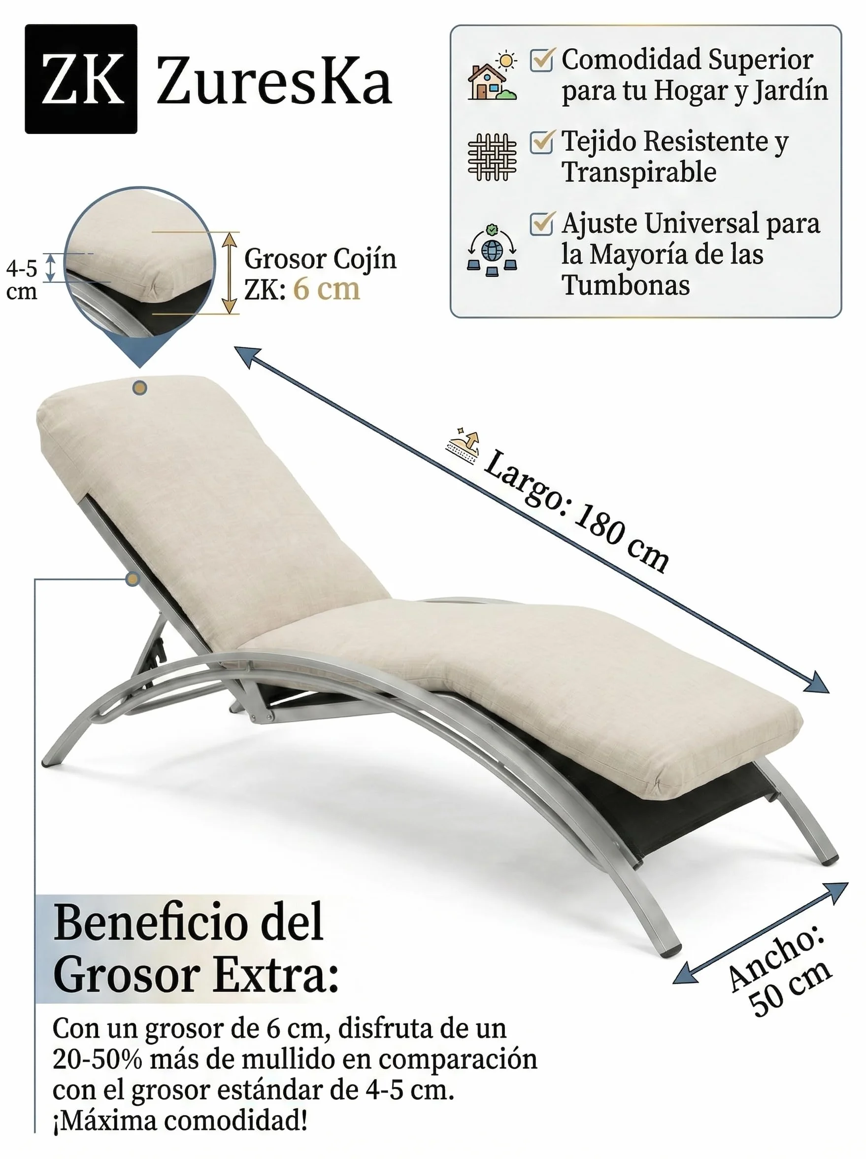 Cojín Tumbona Exterior 180x50x6 Pack 2 Desenfundable Lavable Blanco Crudo