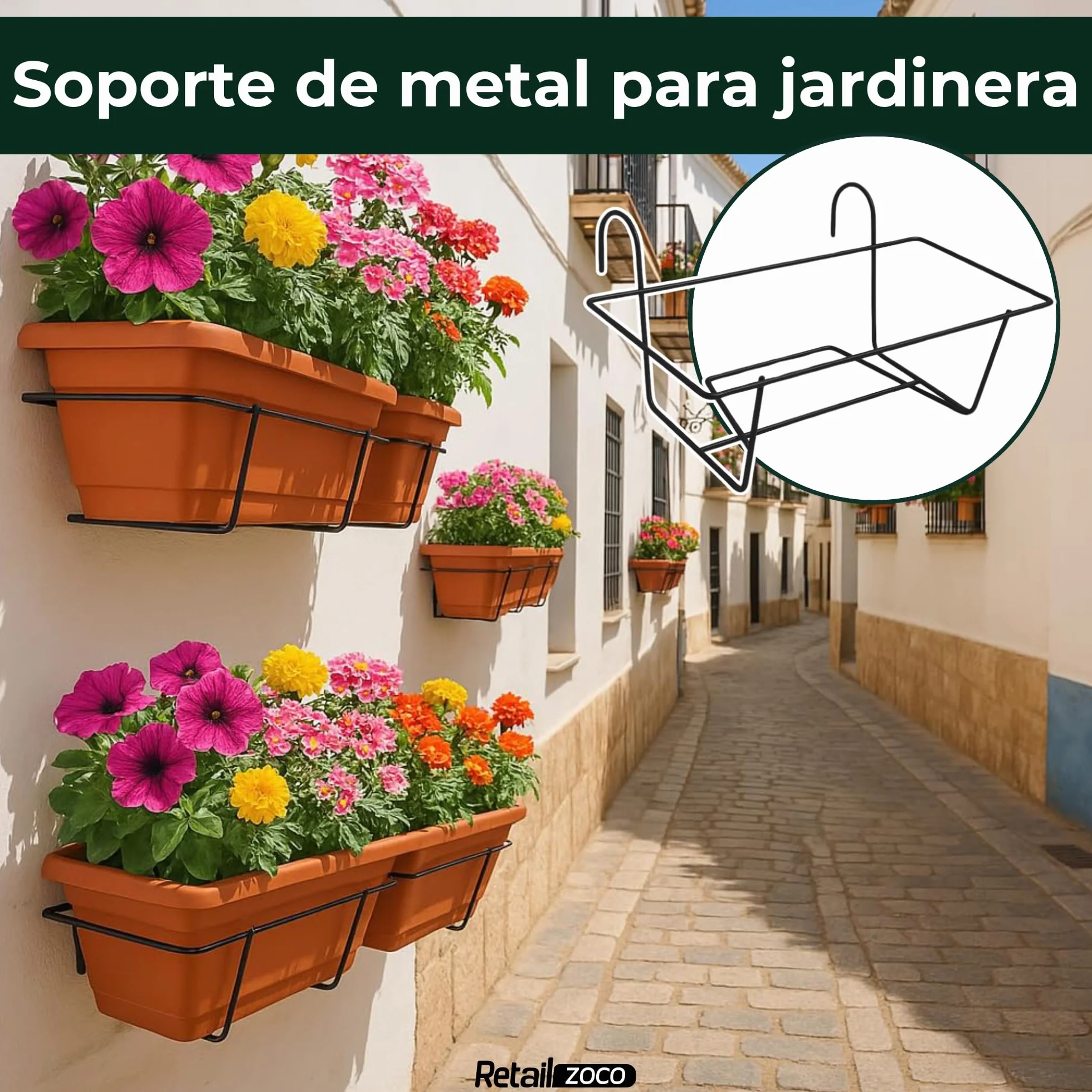 TECHZOCO Soporte Metal para Jardinera de Balcón Negro 50 cm