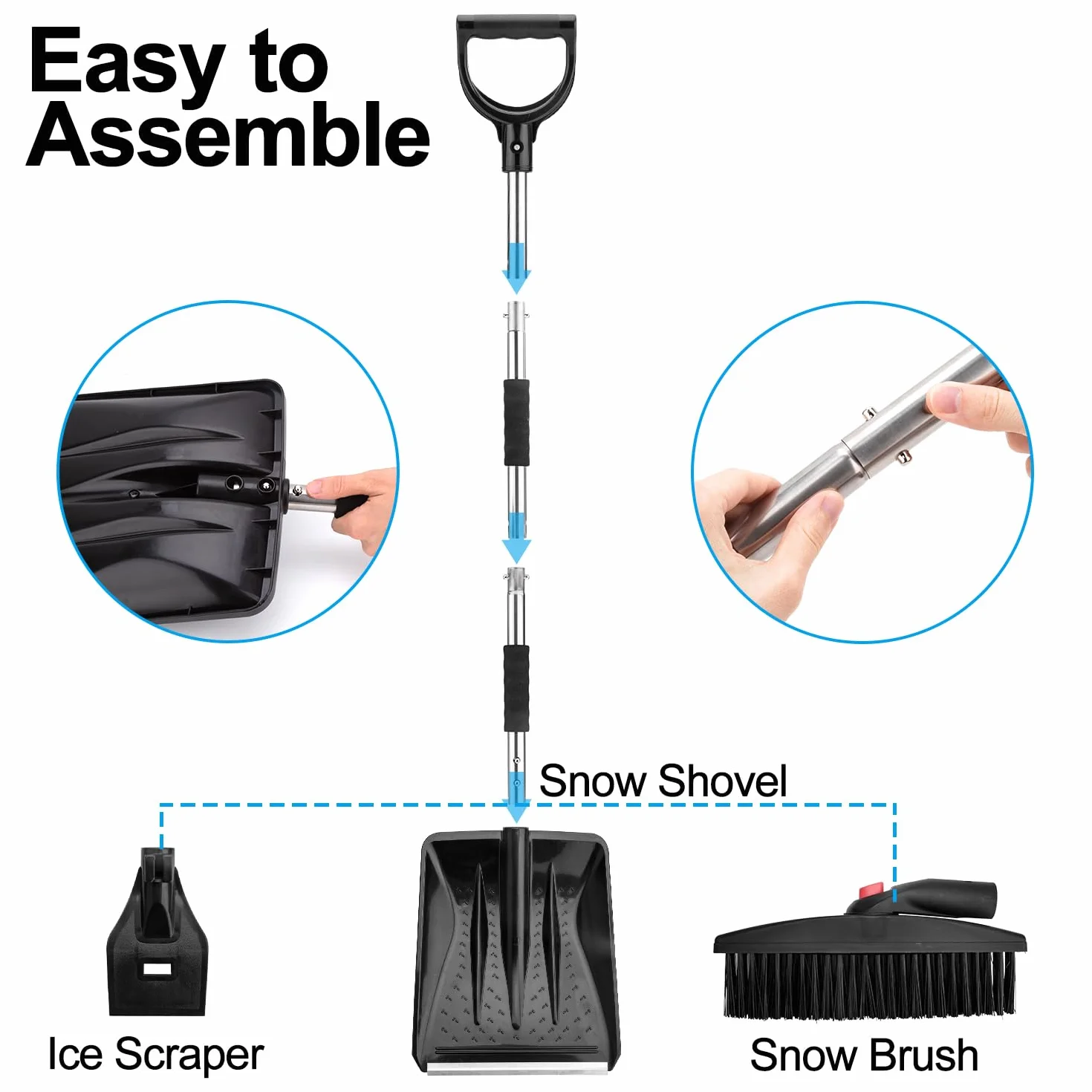 LESOLEIL 3 en 1 Pala de Nieve Plegable con Raspador de Hielo y Cepillo de Nieve, Mango de Acero Inoxidable, Negro