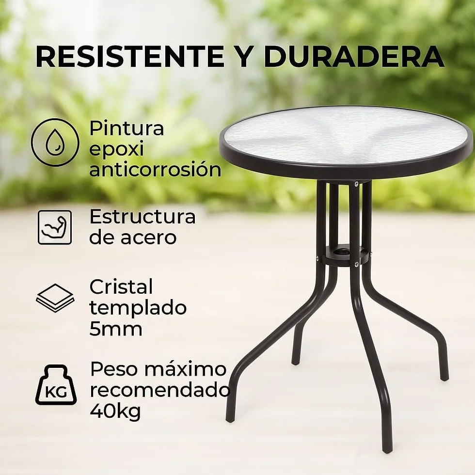 MONTY Conjunto Exterior Mesa 60 cm Acero Cristal Templado 2 Sillas Textileno Antracita