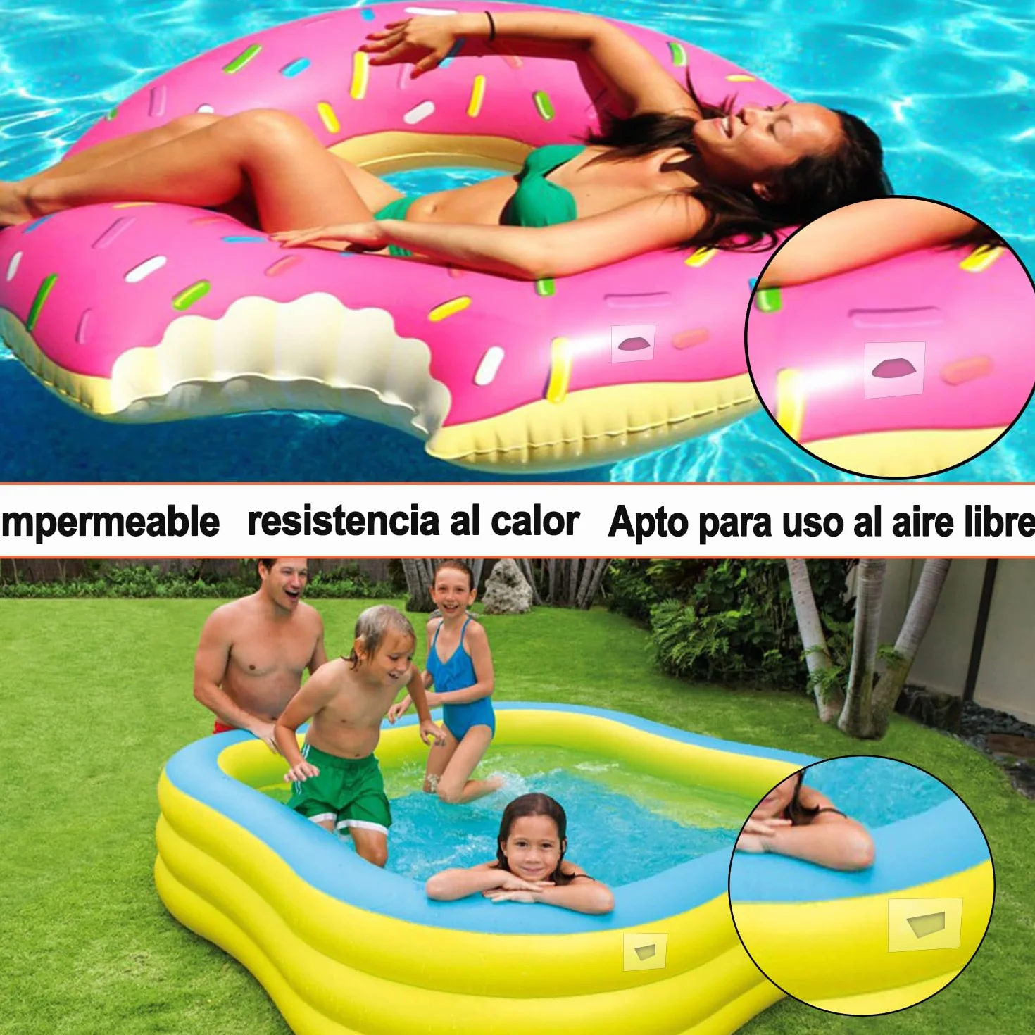 Kit reparación parches inflables autoadhesivos TPU impermeable vinilo transparente 8,8x8,8cm piscina