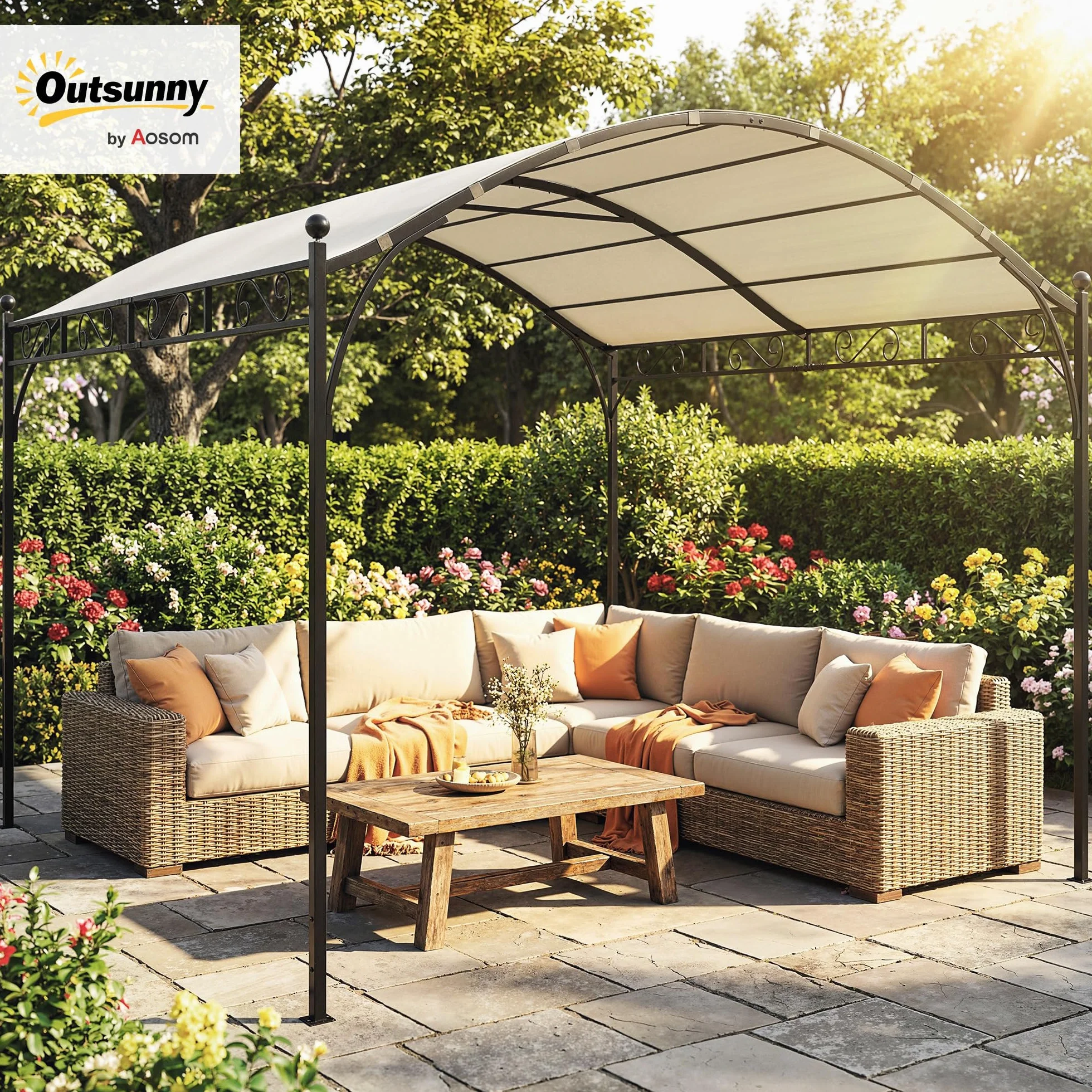 Outsunny Pérgola de Jardín 3x3 m, Cenador con Techo Arqueado, Dosel UV30+, Estructura de Metal Galvanizado, Blanco Crema
