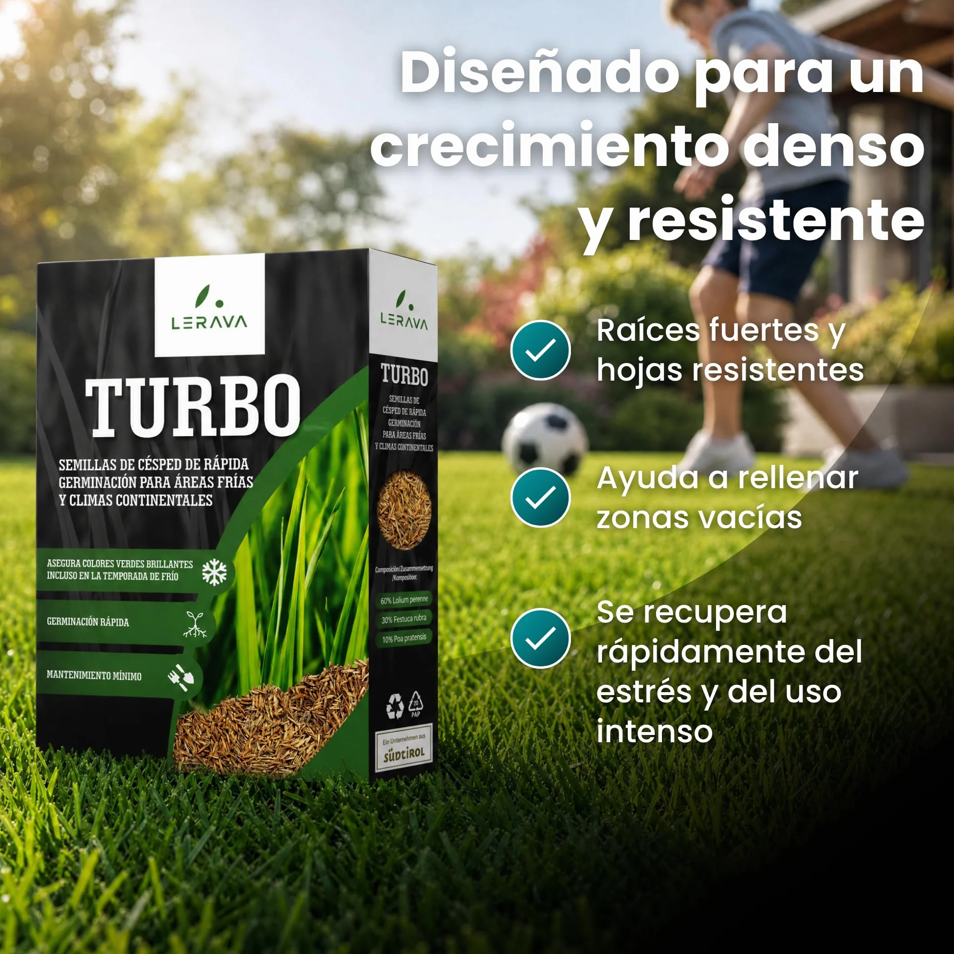 LERAVA TURBO Semillas de césped de germinación rápida 10 m² - brotación en 4-10 días - verde brillante