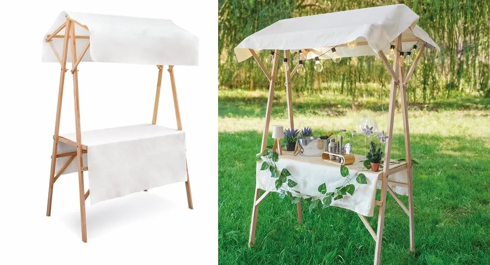 Córner Puesto Dulces Pasteles Regalos Bodas Fiestas Estructura Madera Dosel Blanco