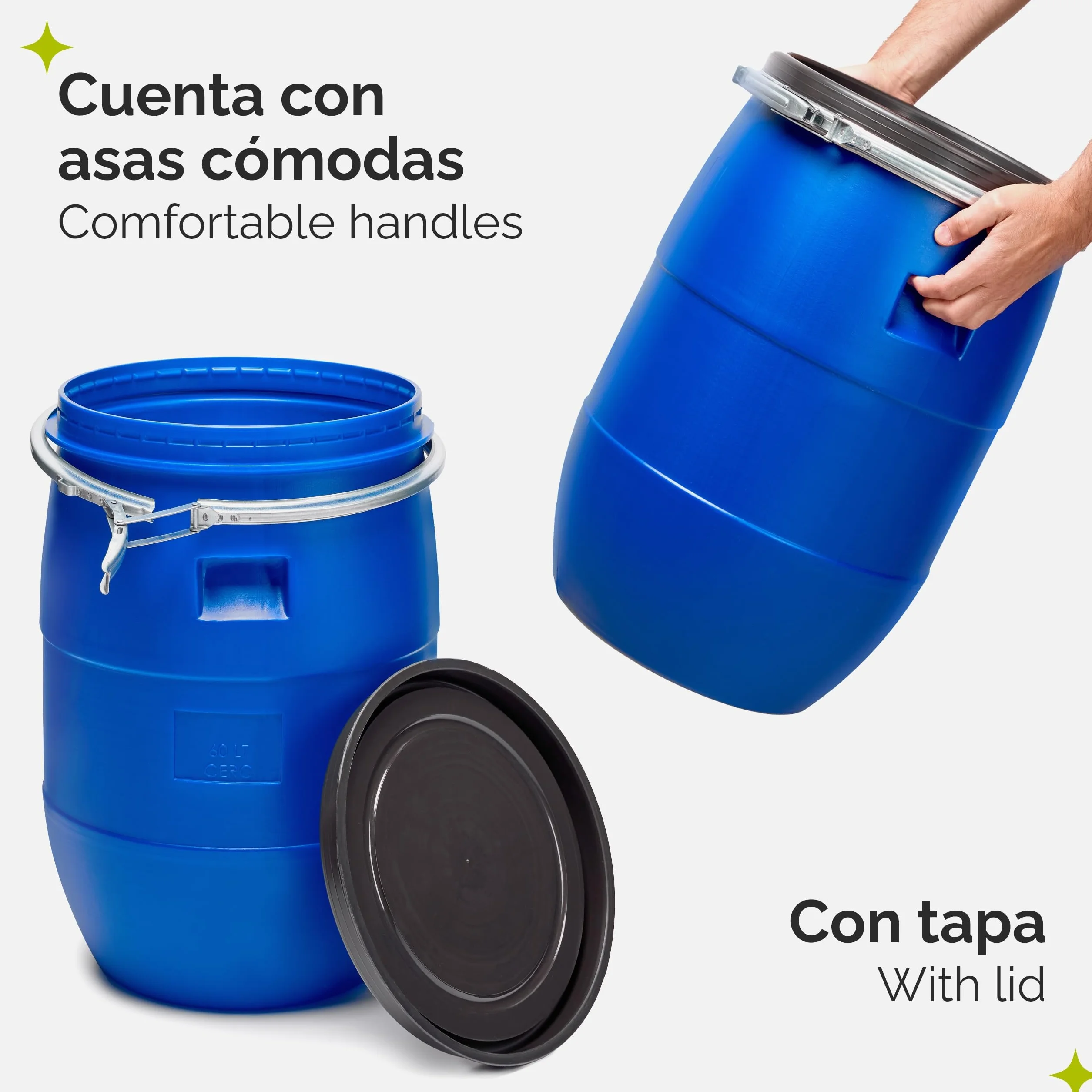 Garronda Set de 2 Piezas Barril Alimentario 60 L HDPE sin BPA Depósito Agua Boca Ancha GD-0122