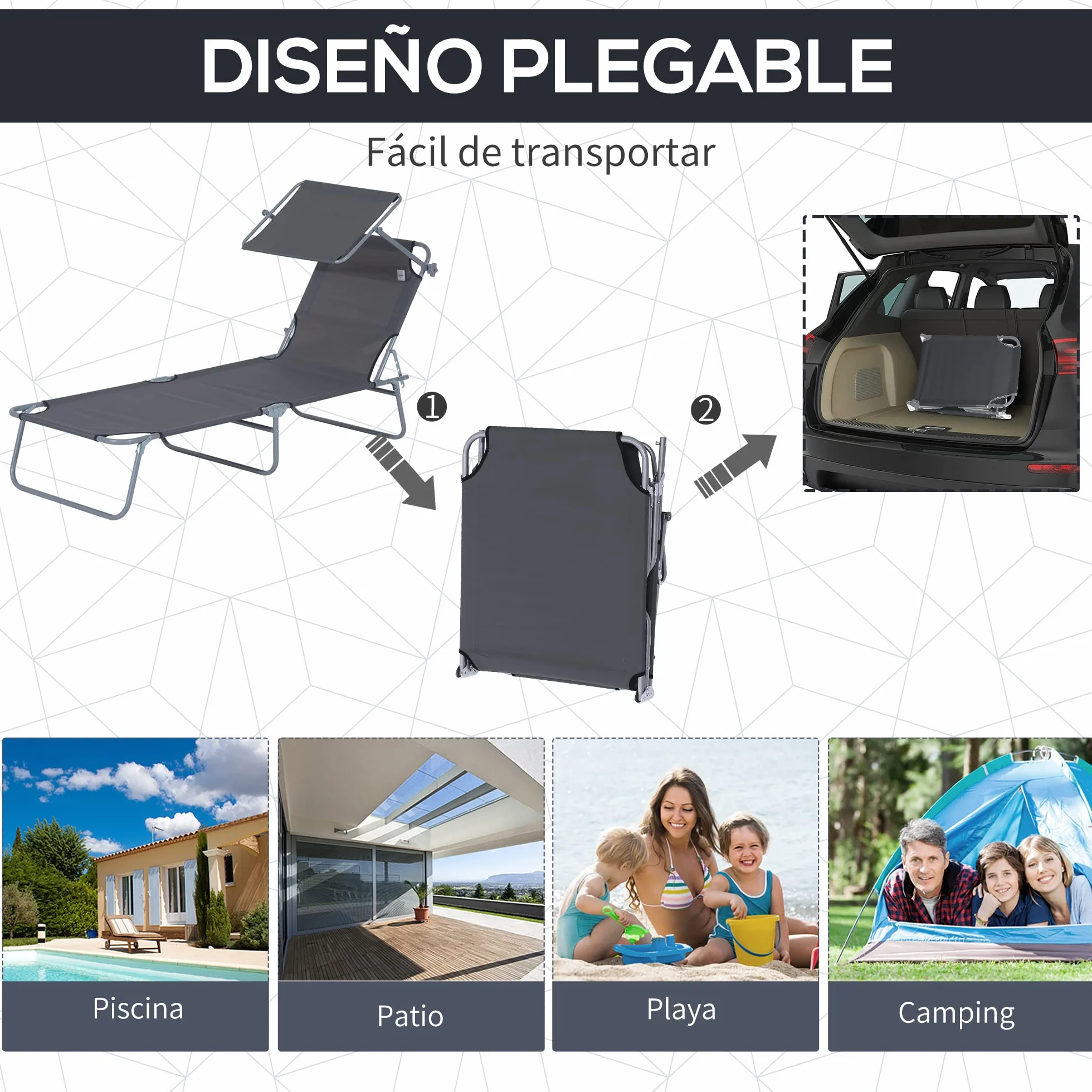 Outsunny Tumbona Plegable Jardín Exterior Reclinable con Toldo Desmontable Respaldo Ajustable 4 Niveles 187x58x36 cm Gris