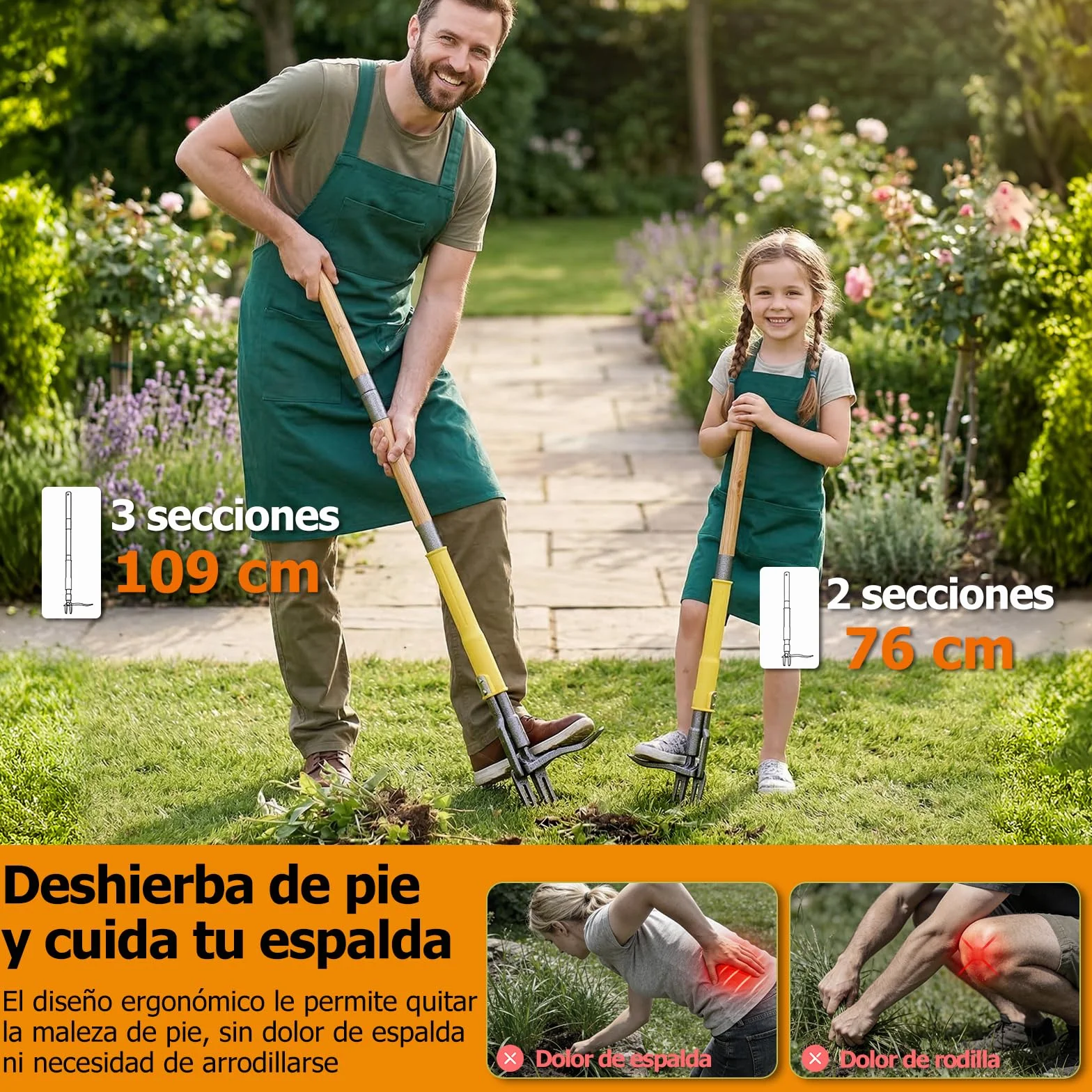 Desherbador Manual Extractor de Malas Hierbas 109 cm Mango Largo 4 Garras Extractor de Raíces