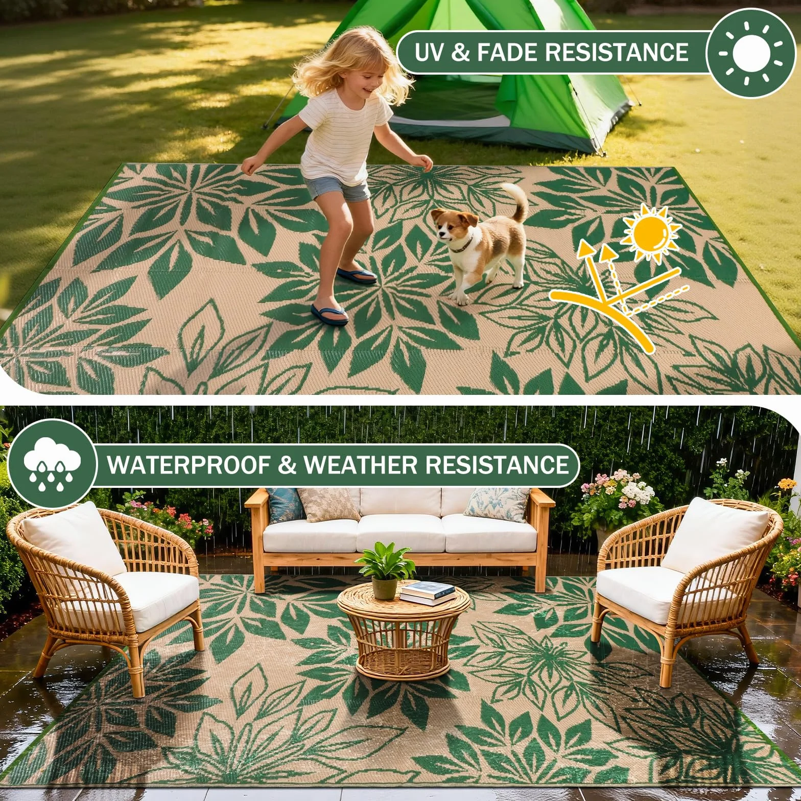 Alfombra de Jardín Impermeable 150x245 cm Verde Resistente a Rayos UV Reciclado