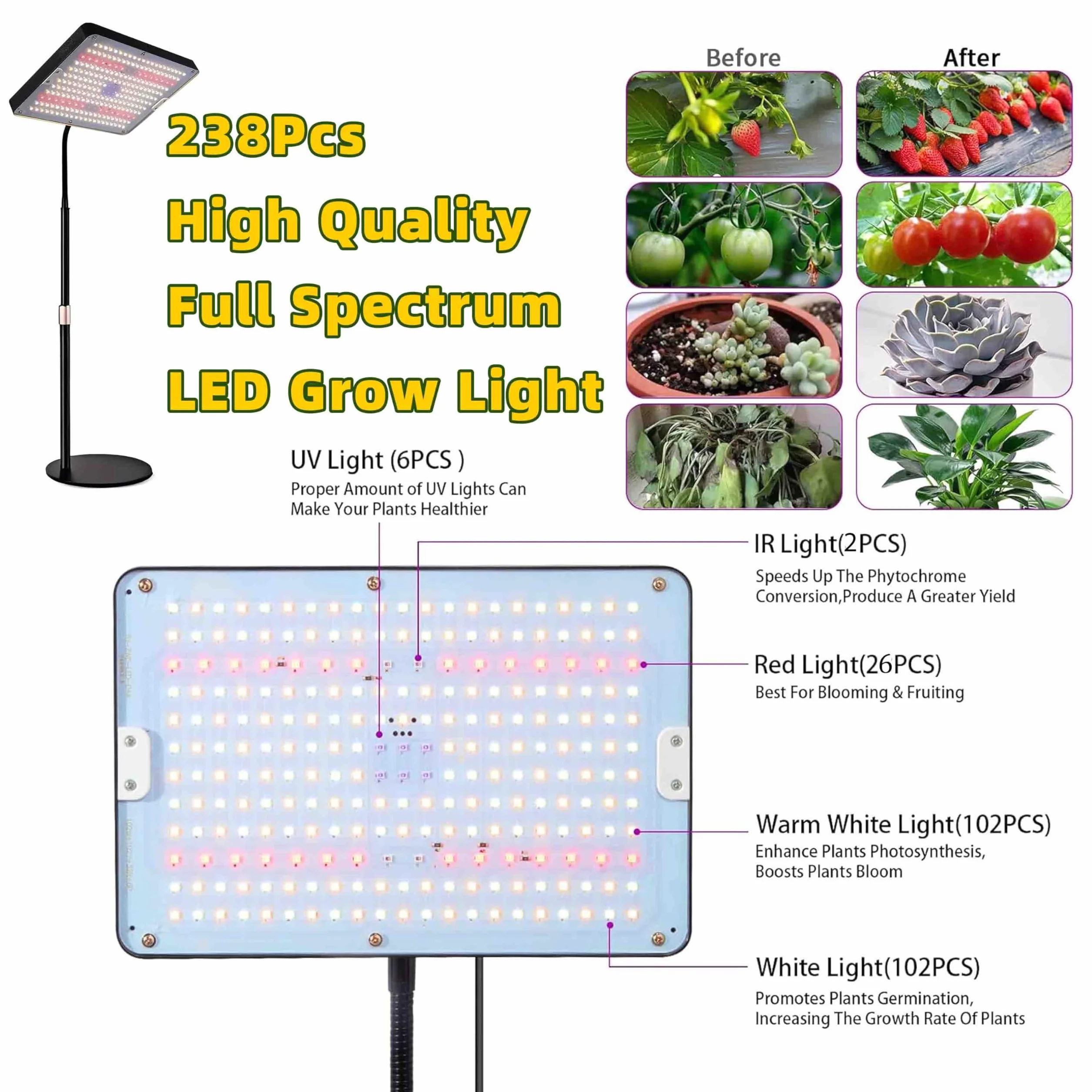 Lámpara LED Cultivo de Espectro Completo, 3 Modos Regulable 10 Niveles, Temporizador 4/8/12H para Plantas Interior