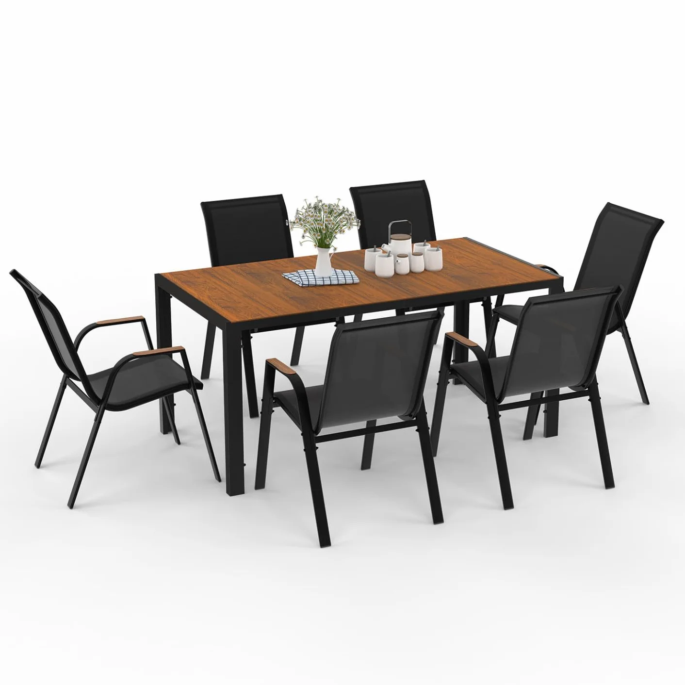 IDMarket - Salón de jardín NOUMEA Mesa de cristal templado efecto madera y 6 sillas apilables negro y madera