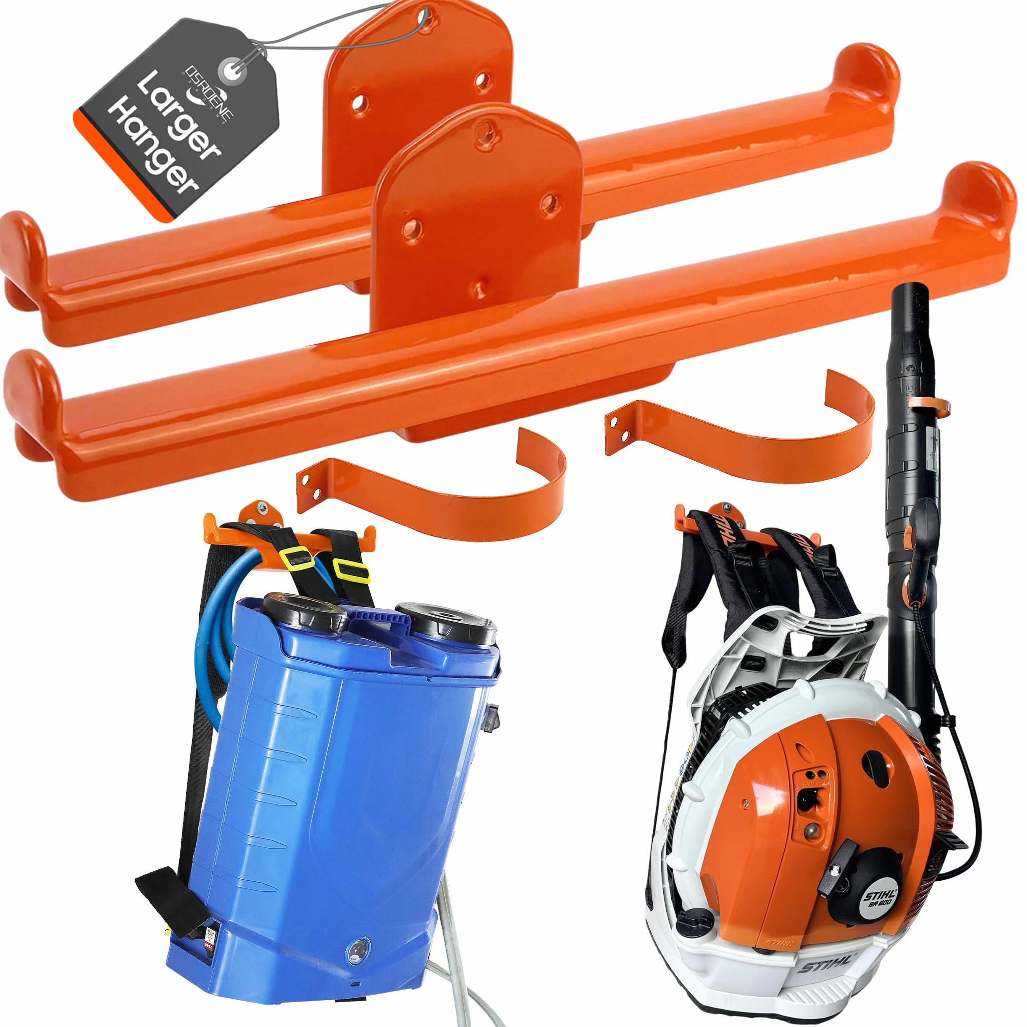 Colgador para soplador de hojas para mochila, paquete de 2 pulverizadores de mochila, soporte de pared para motosierra, accesorios de almacenamiento para organización de garaje (paquete de 2
