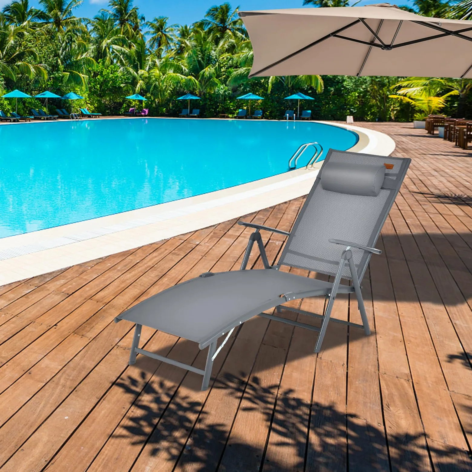 GIANTEX Silla reclinable con respaldo ajustable en 8 posiciones, silla tumbona plegable y cómoda de metal, capacidad de carga de 150 kg (gris)