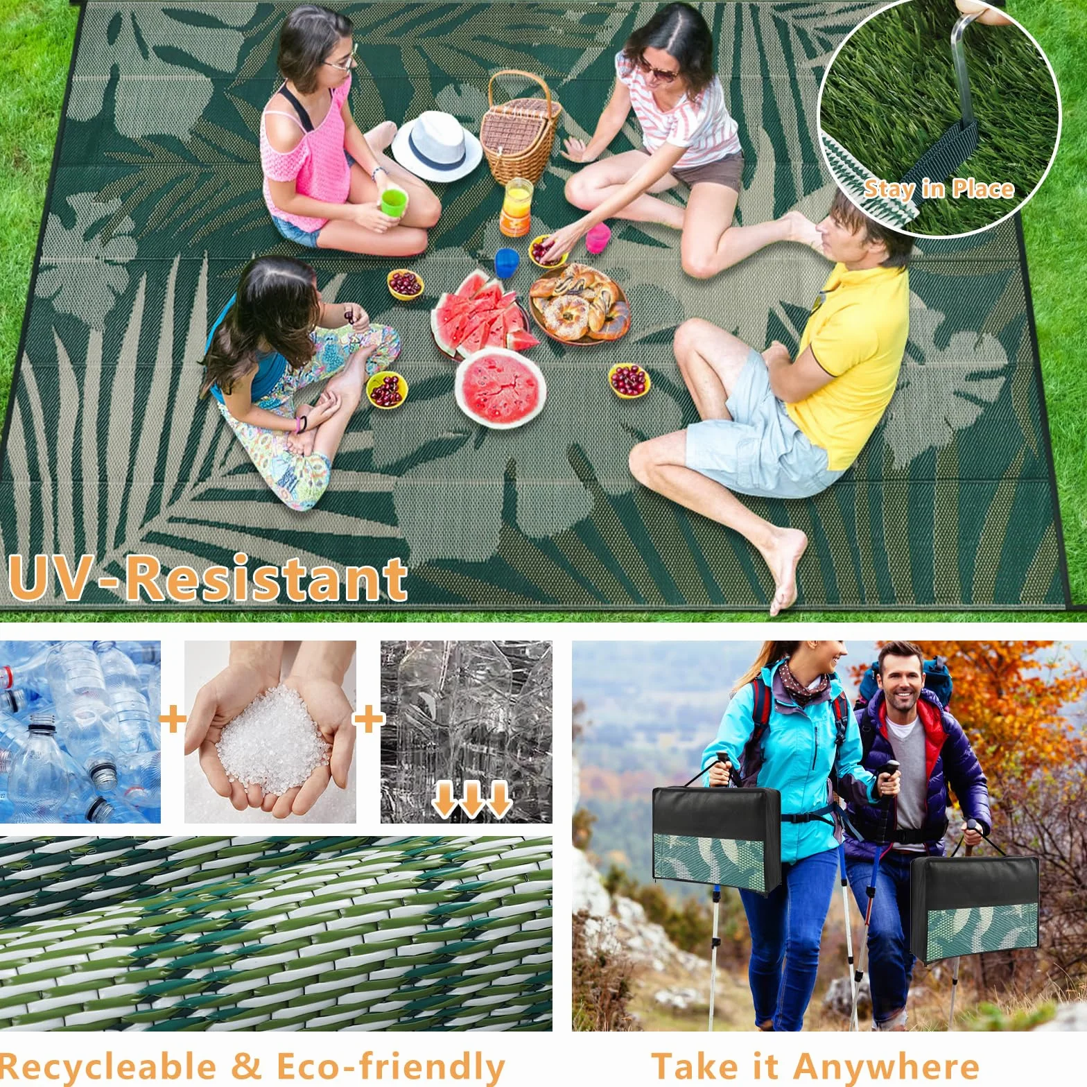 Homcomodar Alfombra Exteriores para Patio 245x305cm Alfombras Grande de Camping Paja Plástico Esteras Reversibles Resistente UV Balcón Verde