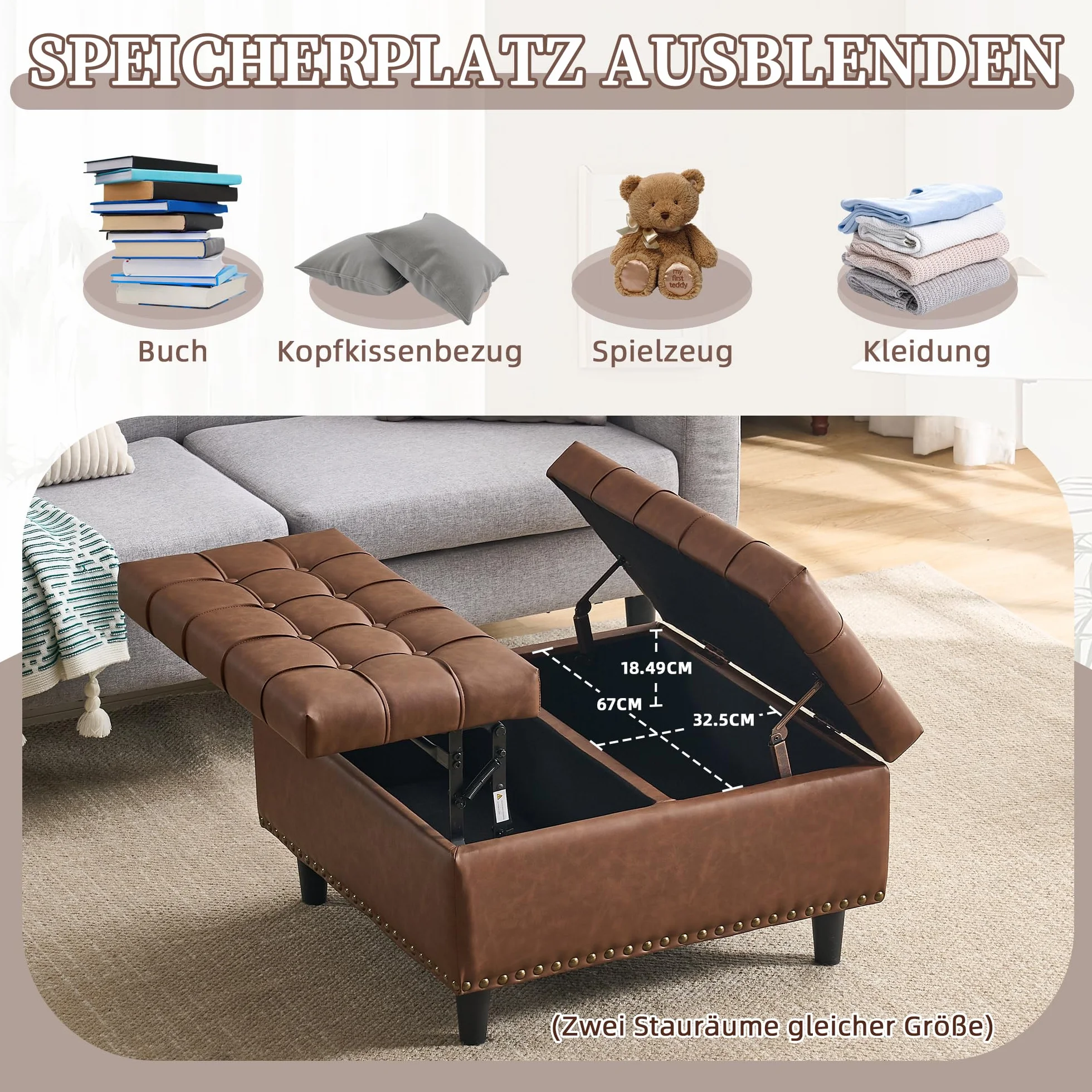 Silla de almacenamiento grande cuadrada banco elevable caja acolchada marrón PU
