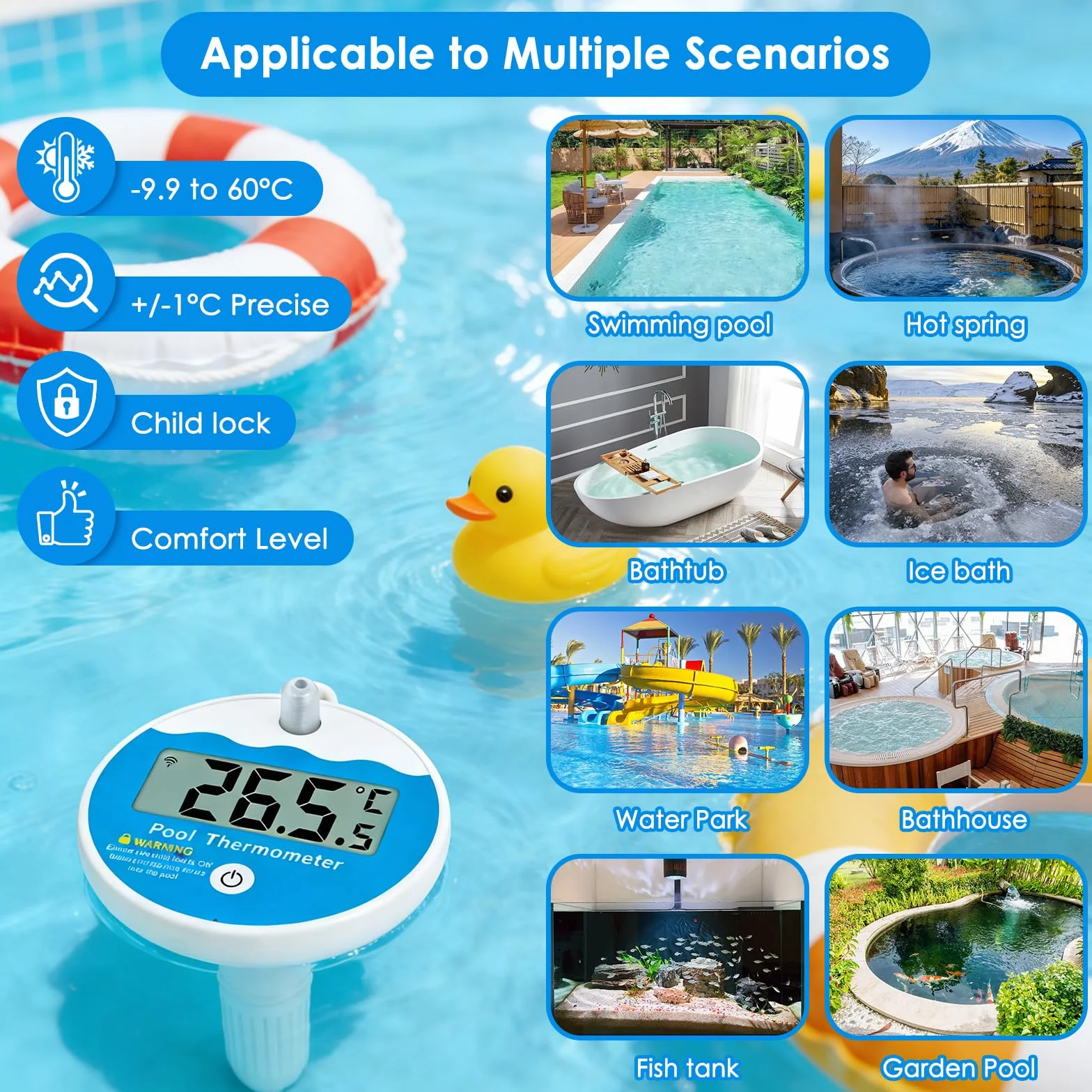 ALLOMN Termómetro digital para piscina inalámbrico IP68 medidor de temperatura del agua