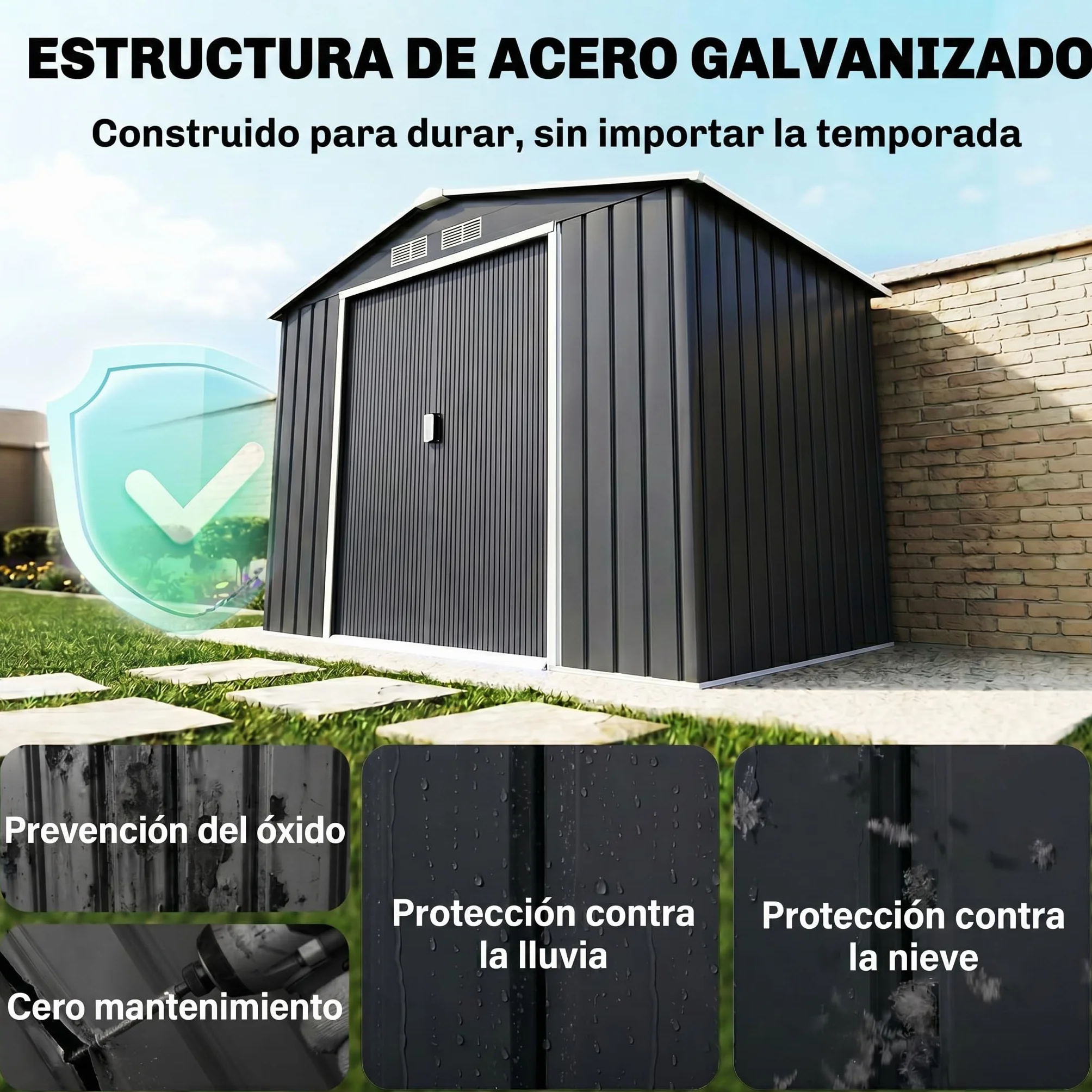 Outsunny Cobertizo de Jardín 2,42m² 213x130x185 cm Caseta Exterior 2 Puertas Correderas 4 Ventanas Almacenamiento Herramientas Gris Oscuro