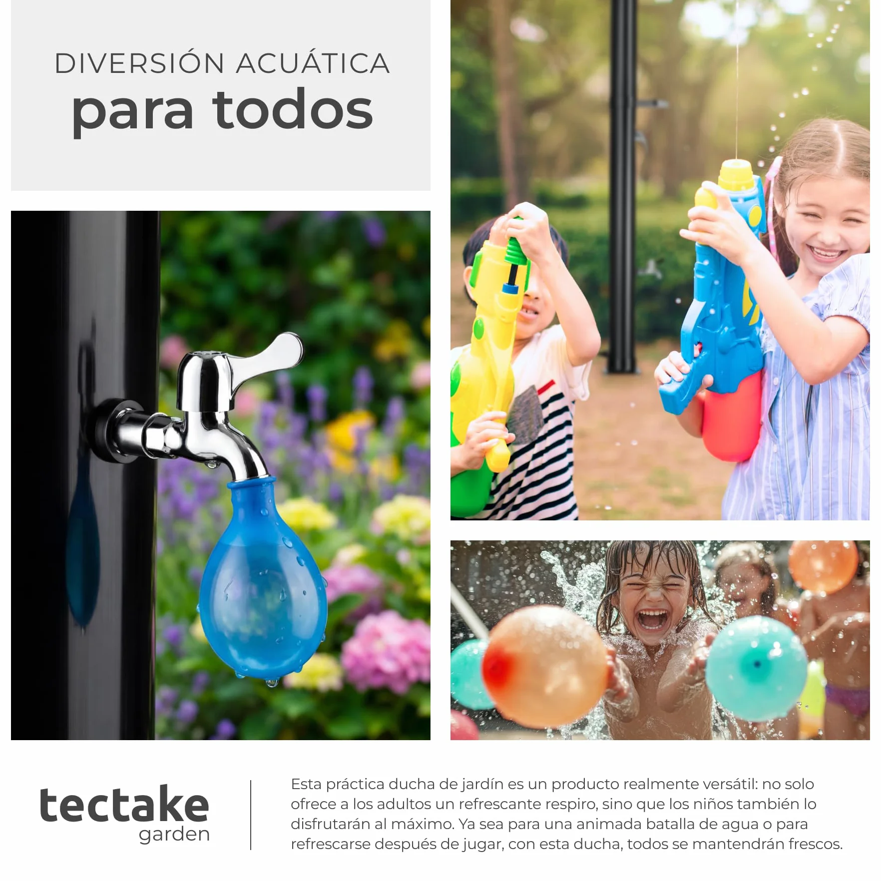 Ducha Exterior Jardin 20L Negro Resistente Intemperie Temperaturas Altas Alcachofa 360° Grifo Pies Conexión Manguera Solar
