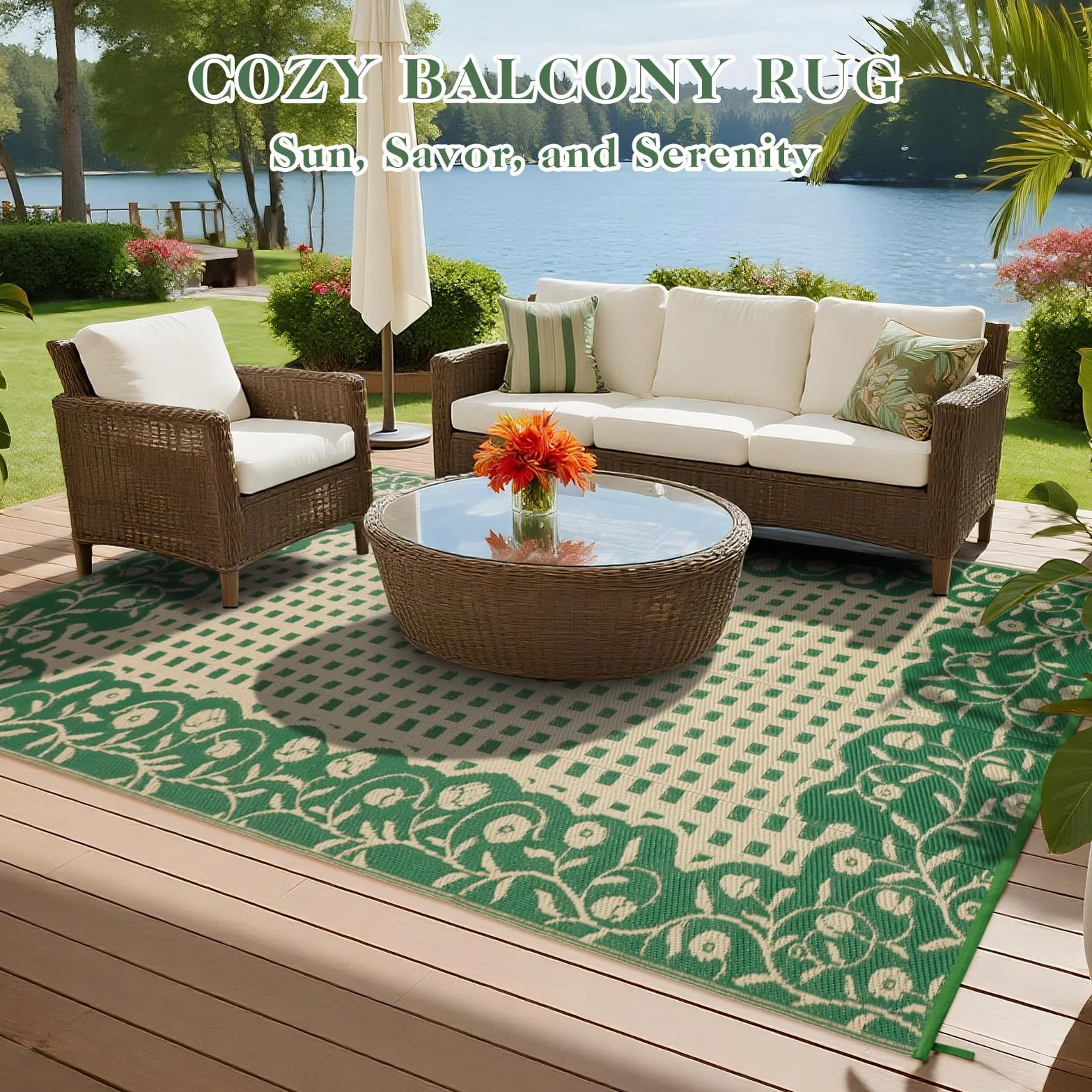 Alfombra de jardín impermeable 150 x 245 cm, reversible, plegable, plástico reciclado, resistente