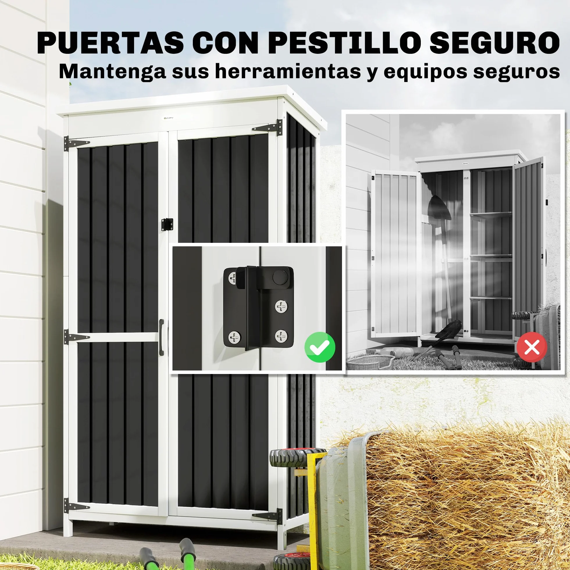 Outsunny Caseta de Jardín Madera Acero 94x43x166 cm Cobertizo Exterior Armario Herramientas 2 Puertas Estantes Ajustables Techo Impermeable Negro
