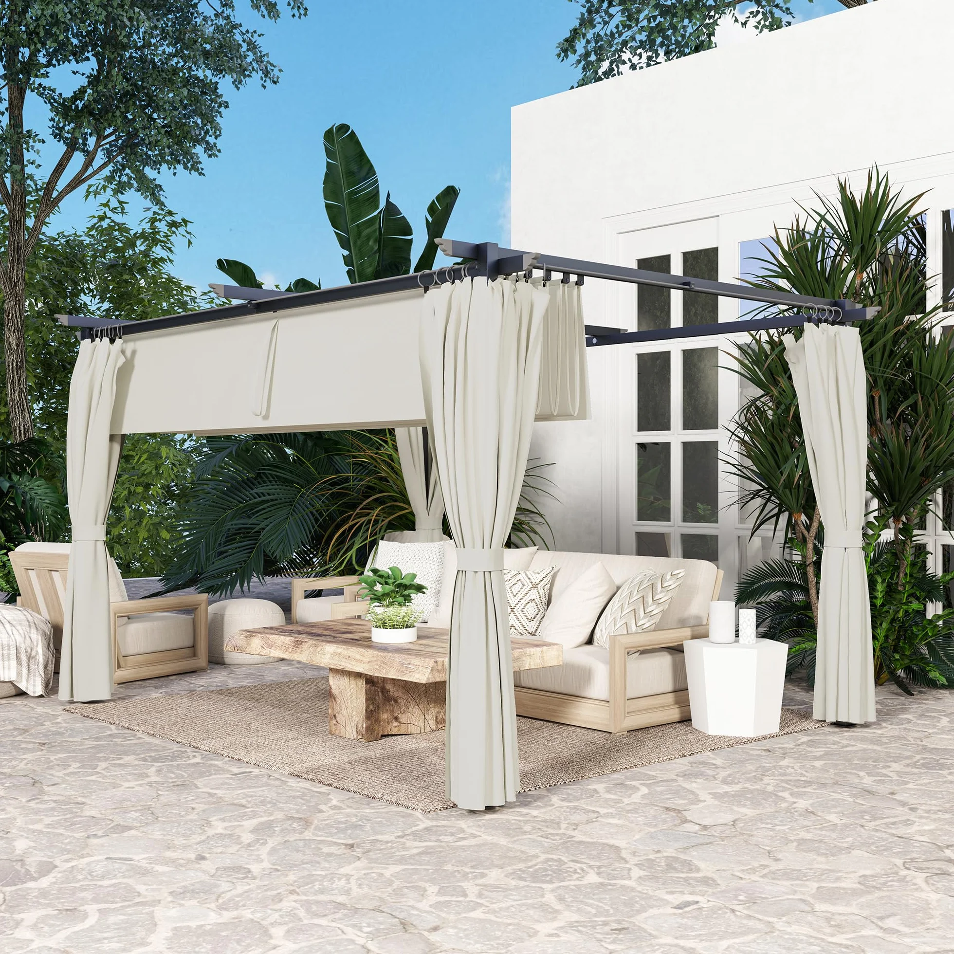 Outsunny Pérgola de Aluminio 4x3 m con Techo Retráctil y Paredes Laterales Anti-UV Resistente al Agua para Jardín