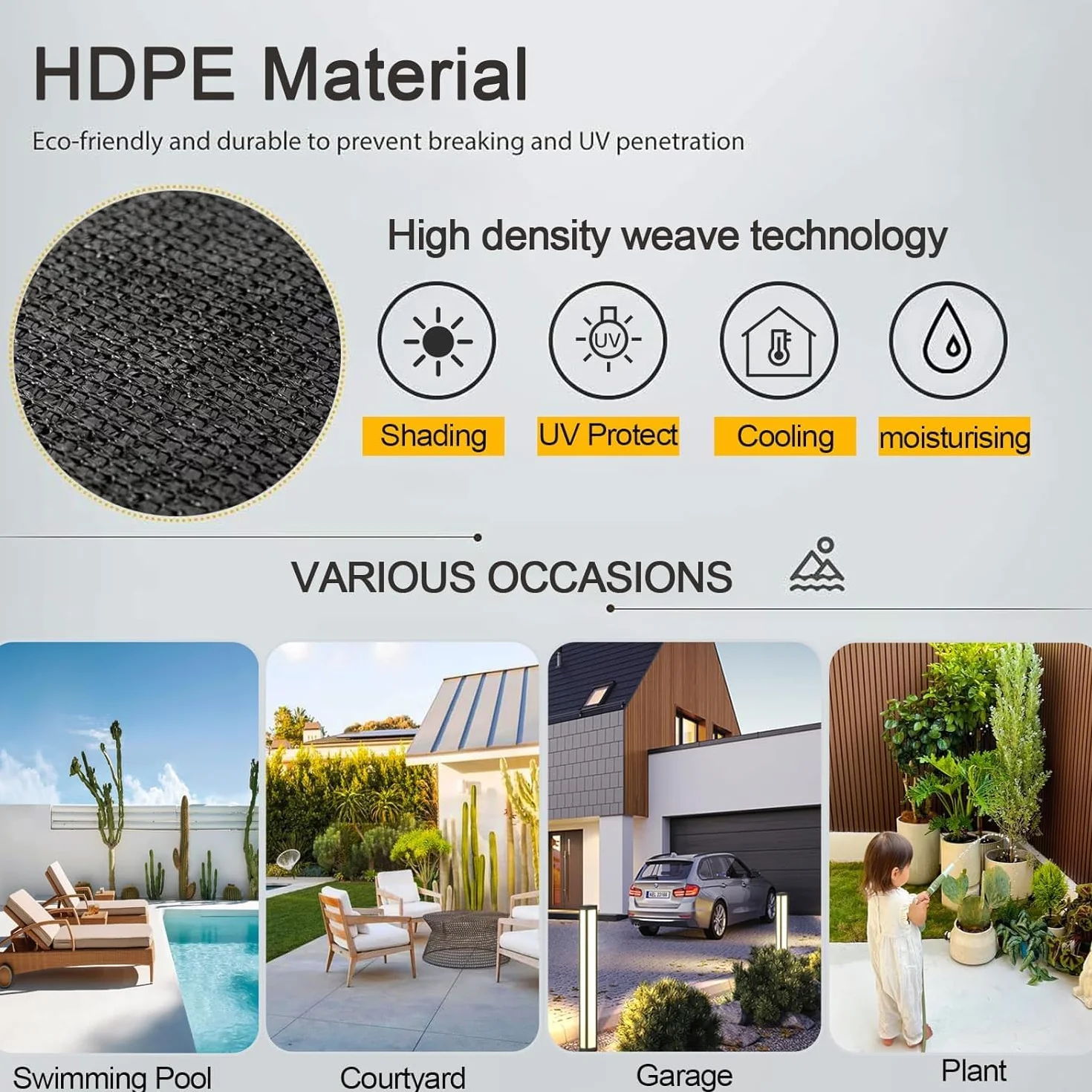 Malla de Sombra HDPE 80-95% UV con Ojales para Jardín Invernadero Pérgola