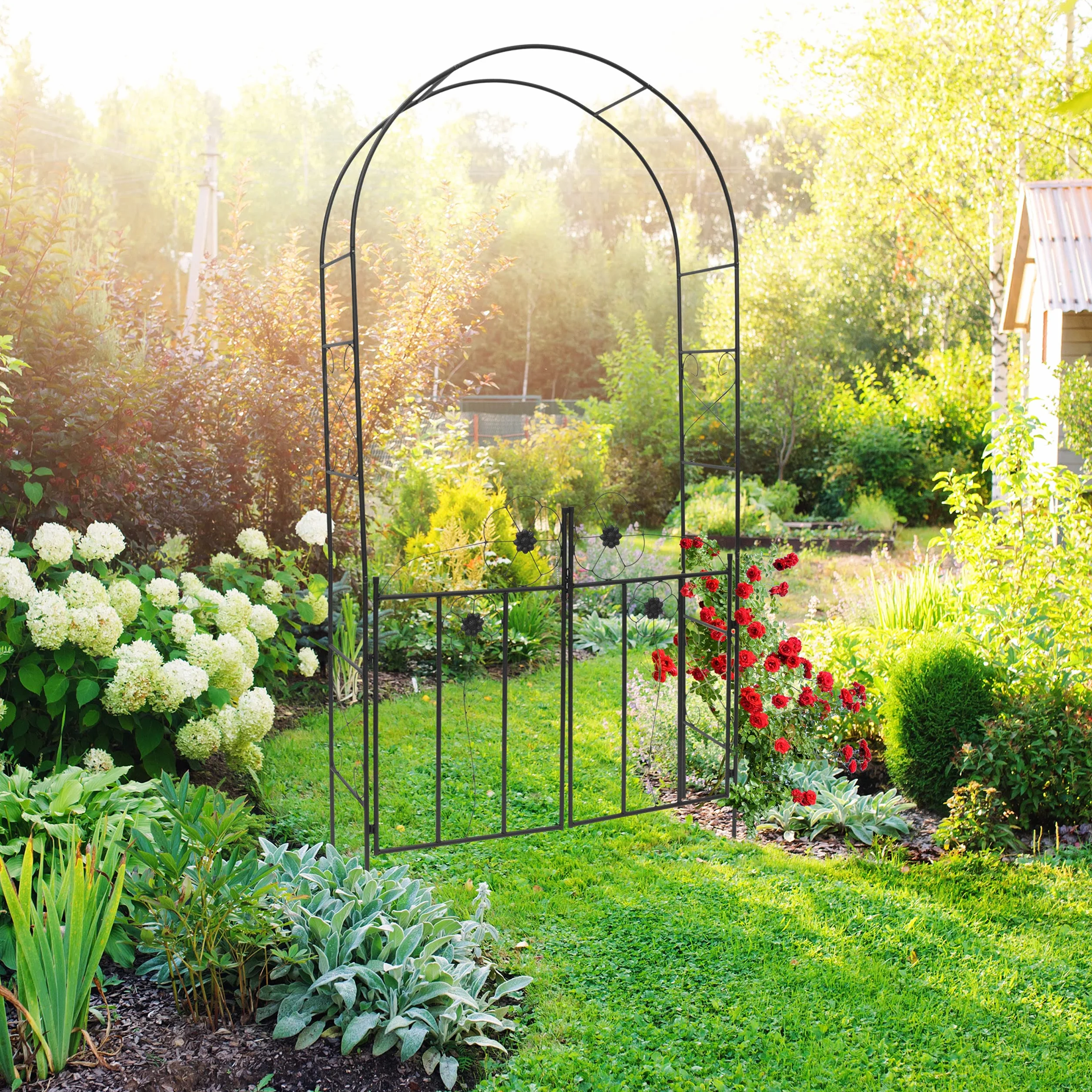 Relaxdays Arco de metal con puerta para rosas, 228 x 116 x 36,5 cm, polvo de hierro, negro