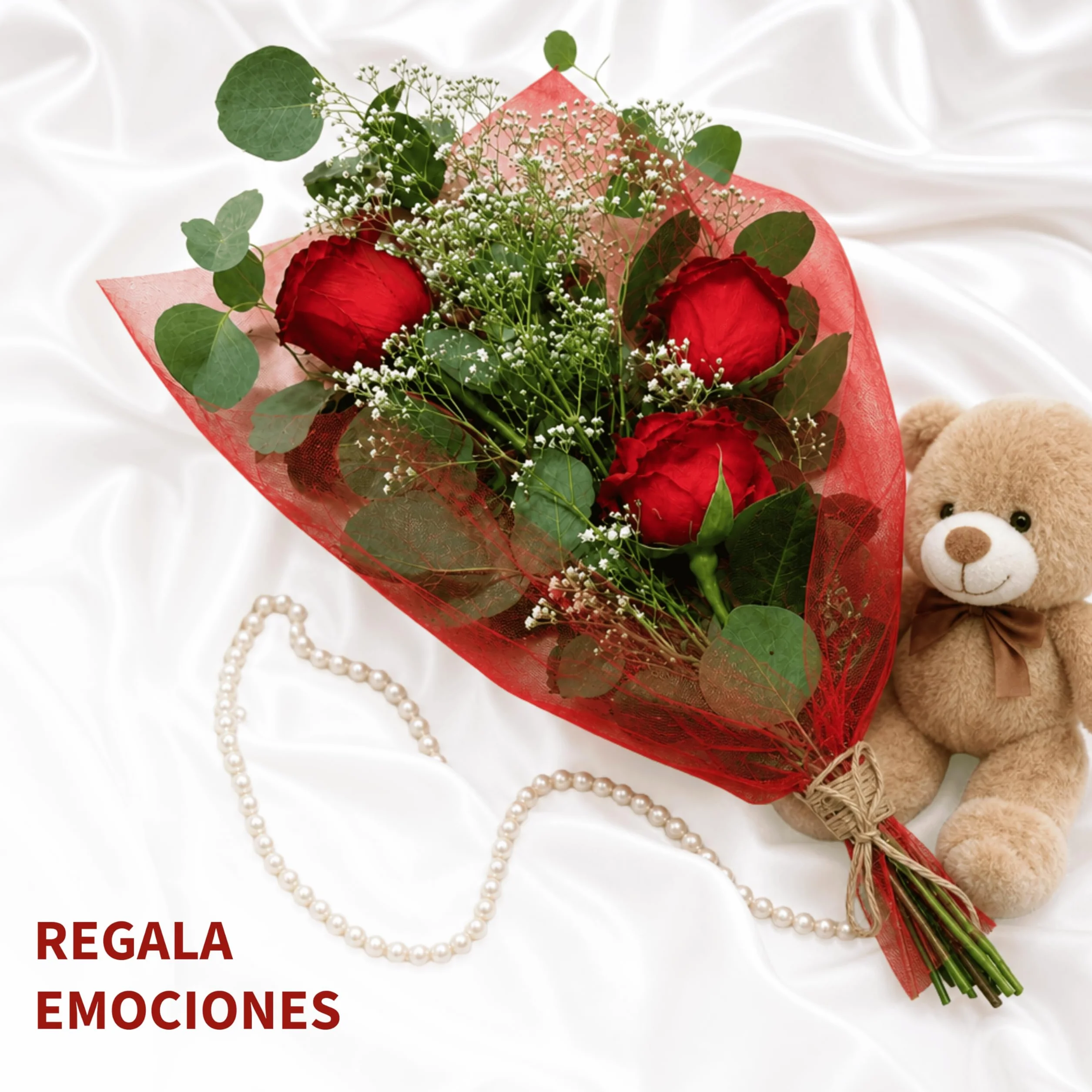 Ramo de 3 Rosas Frescas Naturales con Paniculata, Rosa Roja para Ella, Detalle Romántico