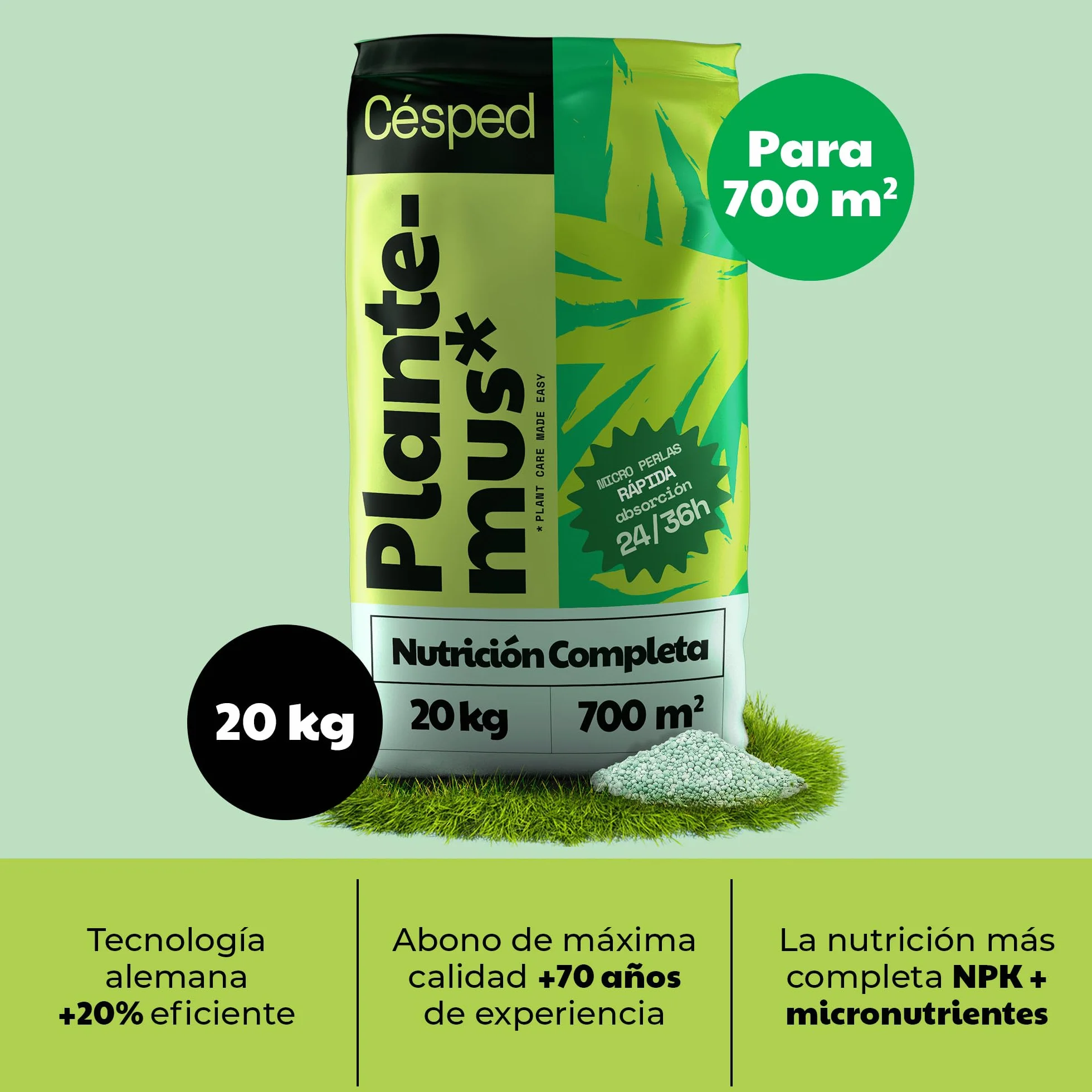 PLANTEMUS Abono Césped Premium Efecto Prolongado 700 m² Fertilizante NPK 12-11-18 Granulado Perlas Ultrasolubles 20 KG