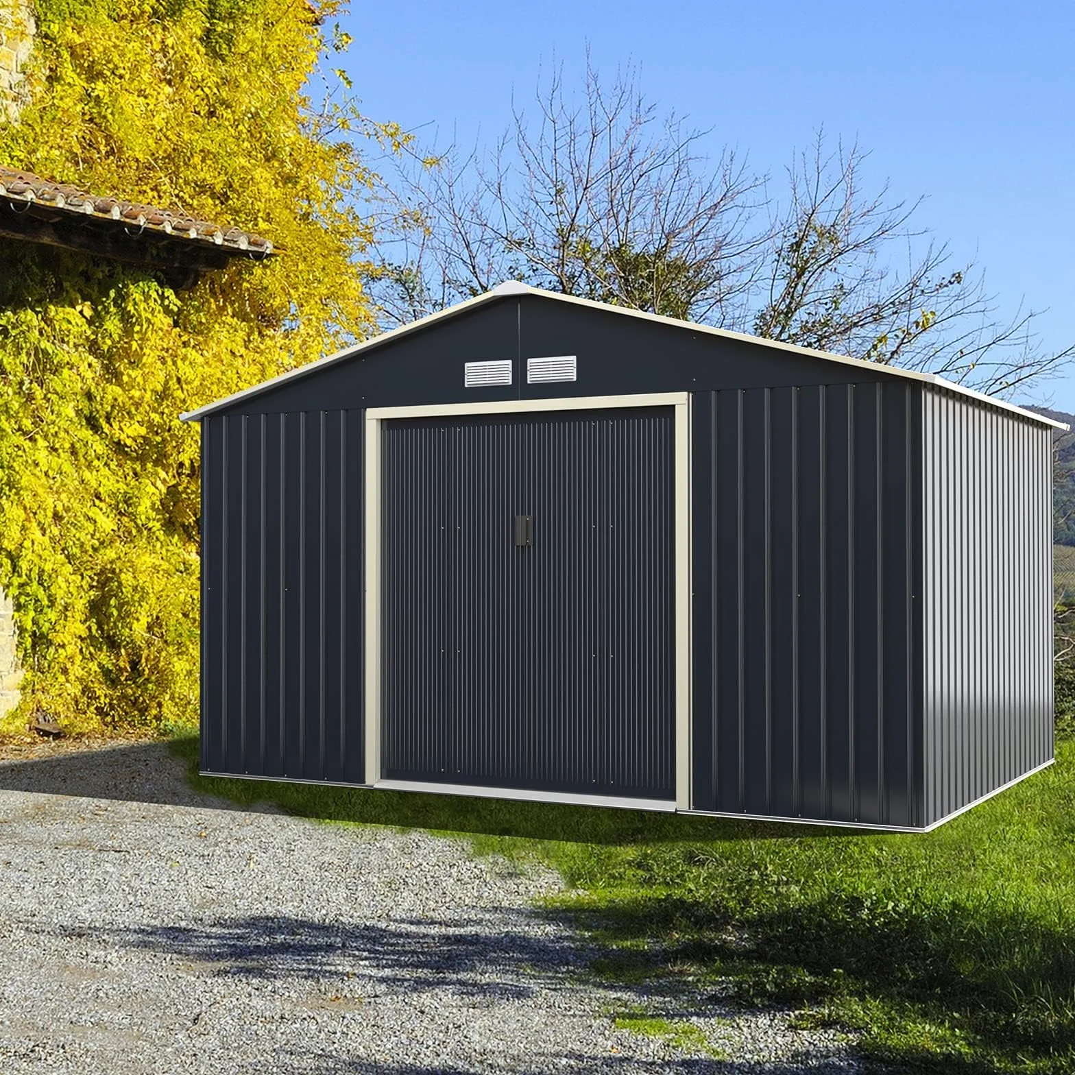 COSTWAY Cobertizo Jardin Exterior Acero Galvanizado 8.7m² 340x255x210cm 2 Puertas Correderas Antracita