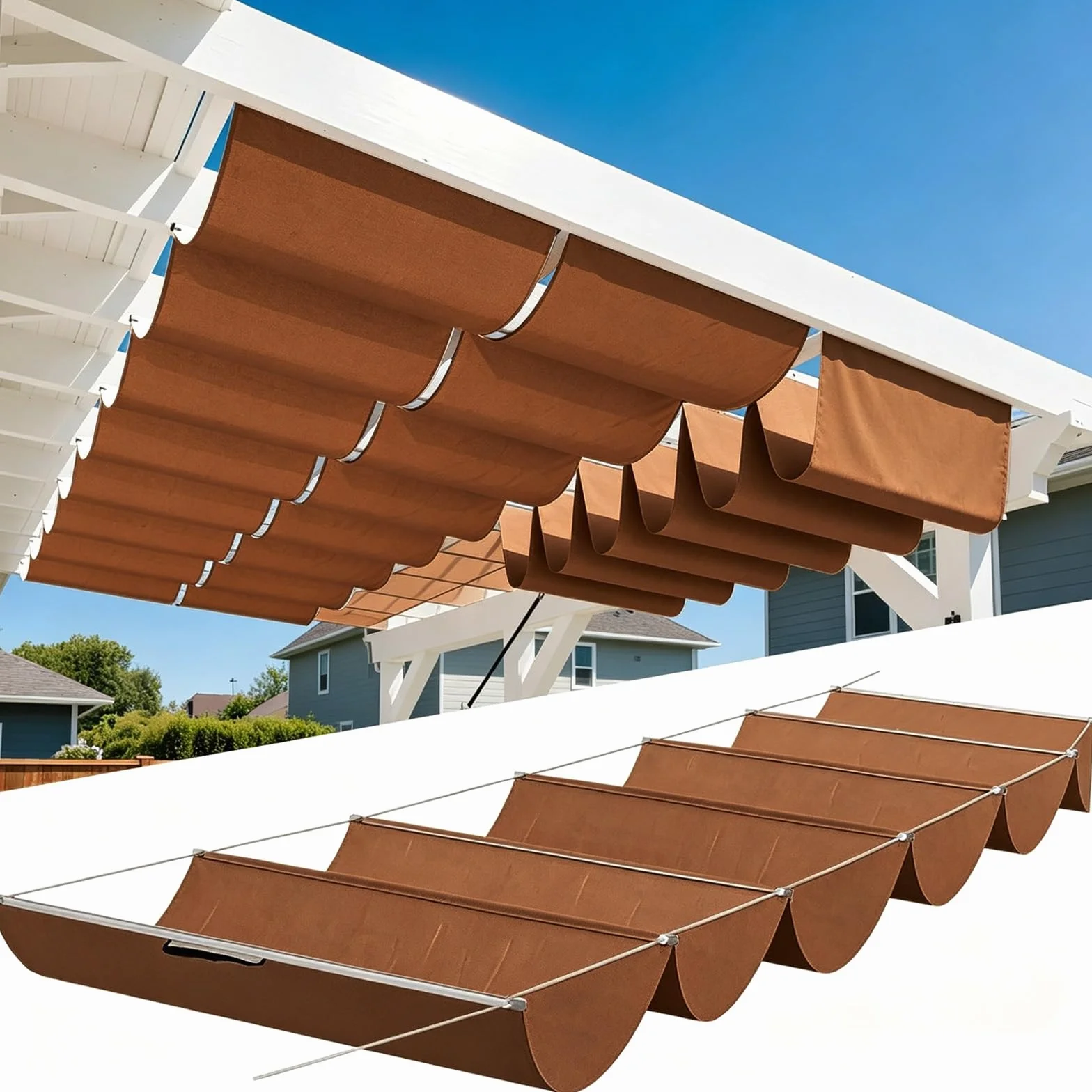 Toldo Retráctil de Onda 100 x 400 cm Impermeable Ondulada Toldos Exterior Protección Rayos UV Resistente Al Desgarro con Ojales y Cuerdas para Jardín Porche Patio Barbacoa, Marrón