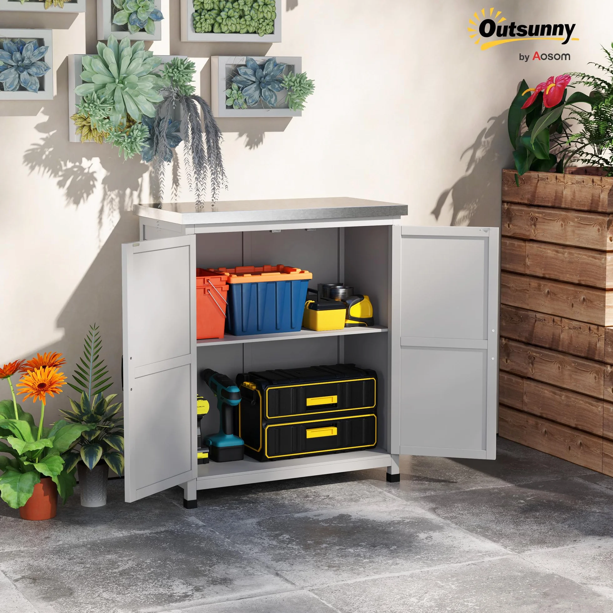 Outsunny Armario Exterior Madera Caseta Jardín Techo Acero Galvanizado 2 Puertas Almacenamiento Herramientas 79x43x92 cm Gris