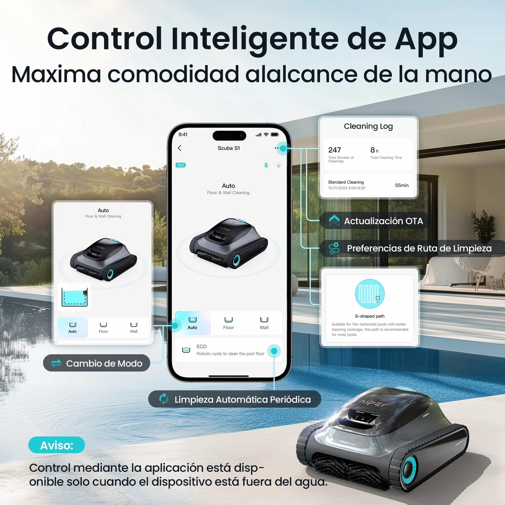 Aiper Scuba S1 Robot Piscina, 270 Min Autonomía, Limpieza Fondo/Paredes/Línea Agua, Navegación Inteligente 11 Sensores, Control App