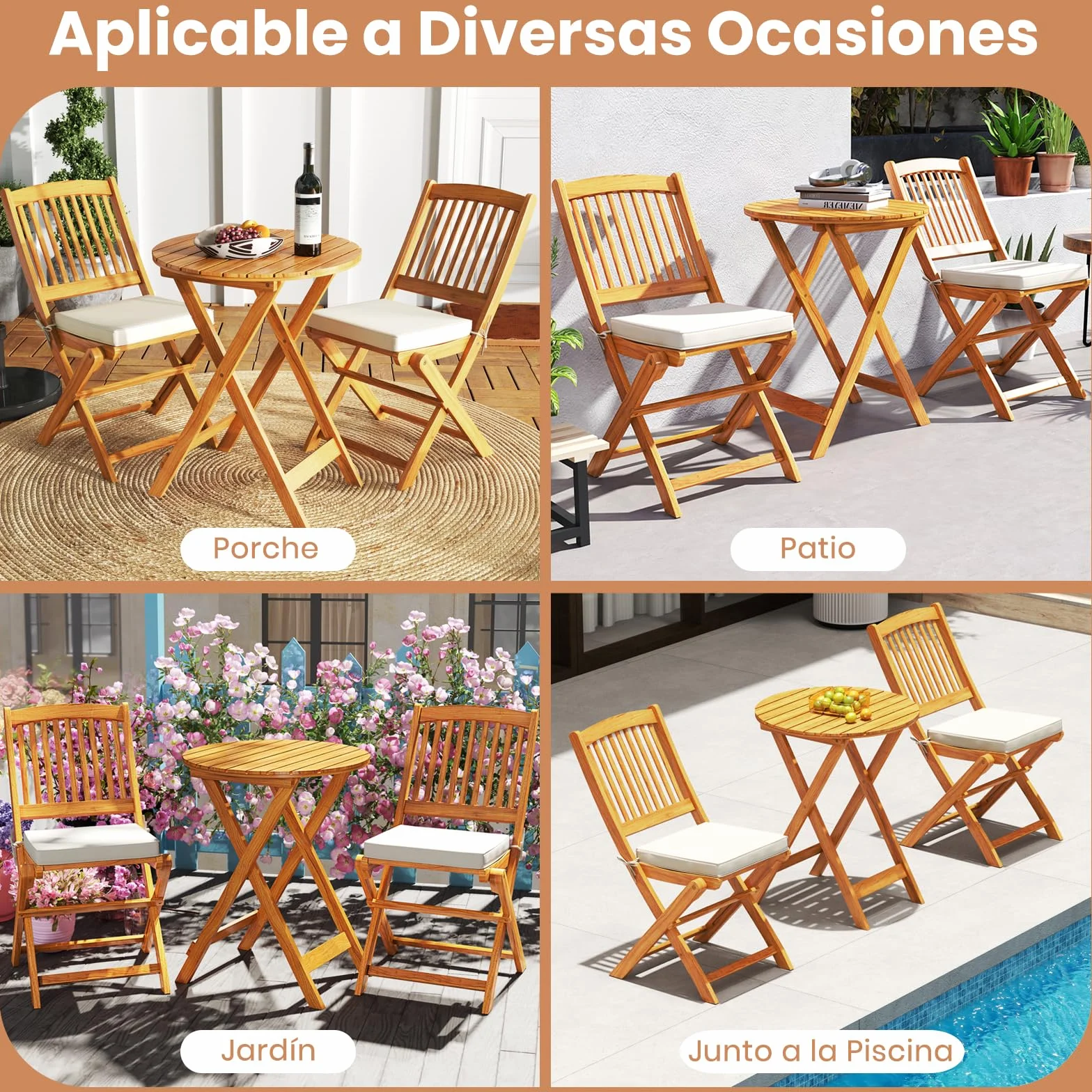 GIANTEX Set de Bistró Plegable 3 Piezas, Mesa y Sillas Terraza Madera Acacia con Cojines Removibles, Muebles Exterior Beige