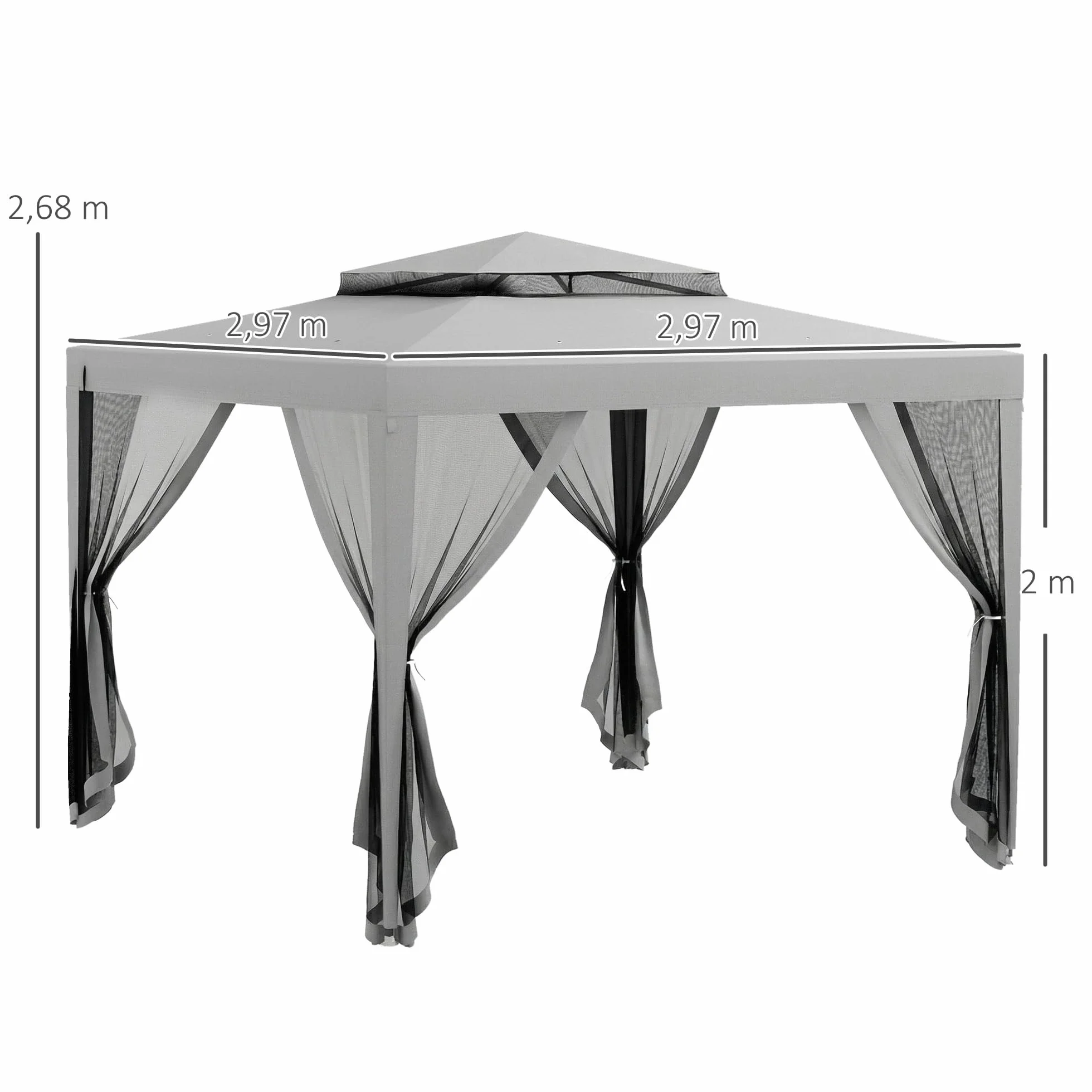 Outsunny Carpa de Jardín 3x3 m Cenador Desmontable de Exterior Gazebo con 4 Mosquiteras Laterales Techo Doble y Marco Metálico Anti-UV Impermeable Pabellón para Terraza Patio Gris