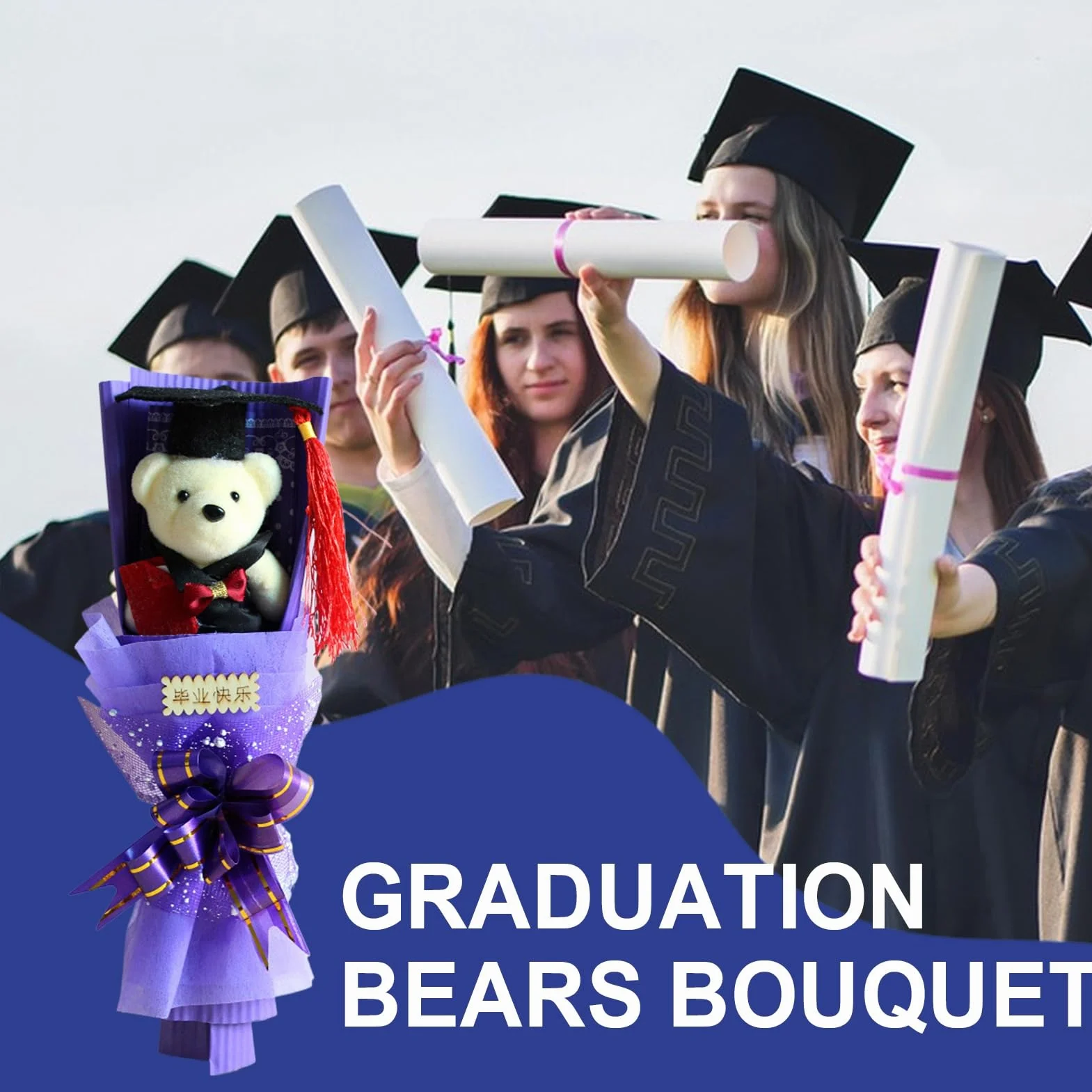 Oso Graduado con Birrete y Arreglo Floral Decorativo - Recuerdo Especial para Graduados