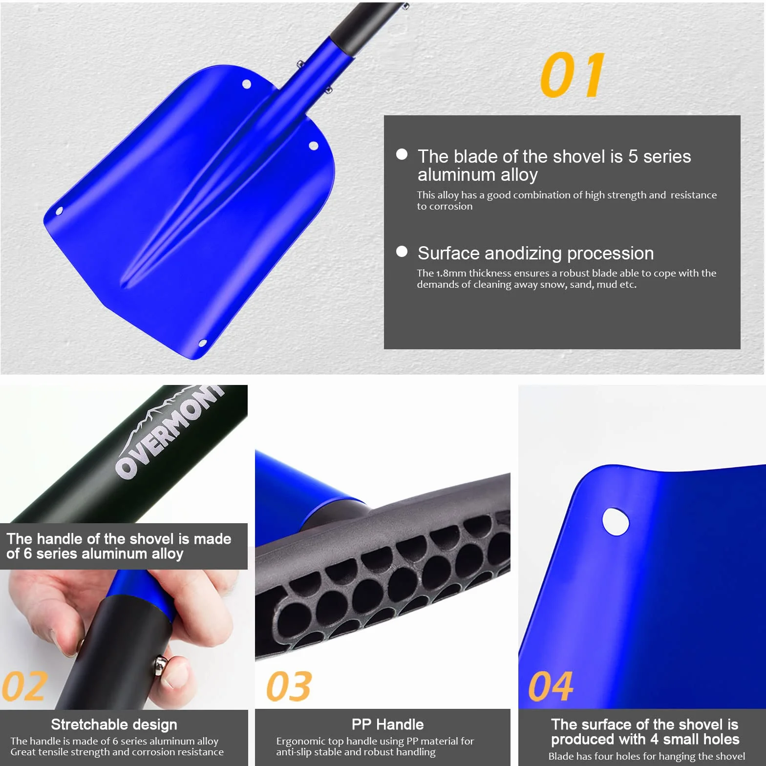 Pala para Nieve OVERMONT Portátil Desmontable Aleación de Aluminio para Coche Jardineria