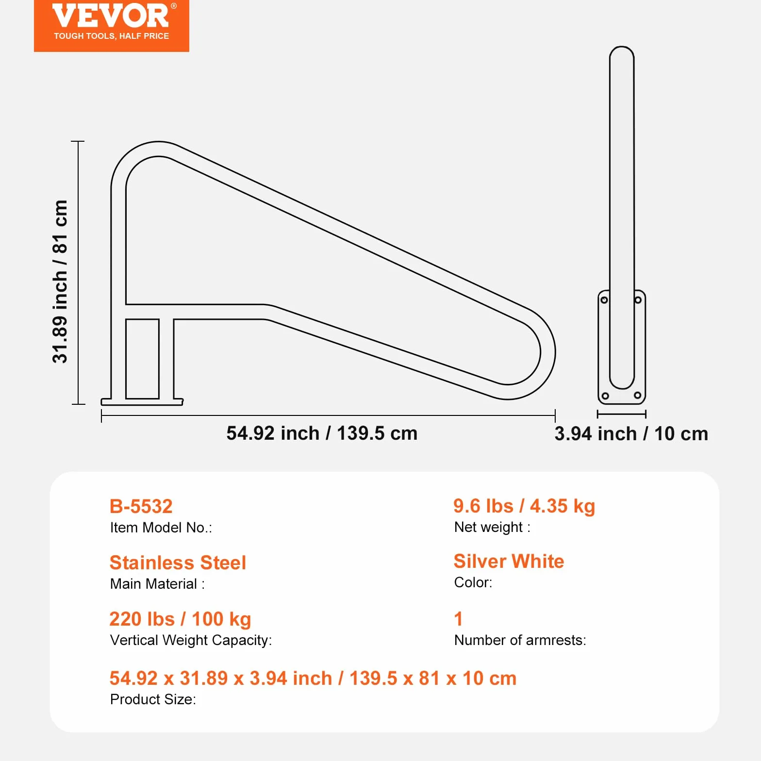 VEVOR Barandilla para Piscina 1395 x 810 x 100 mm, Pasamanos de Acero Inoxidable con Placa Base