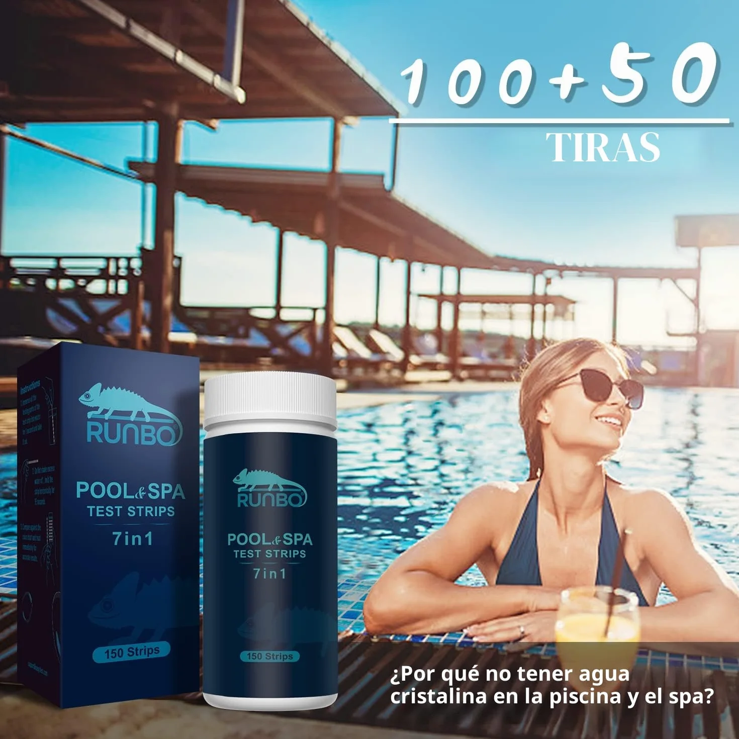 RUNBO 150 Tiras Reactivas de Prueba Piscina y Spa 7 en 1, Tiras Para Bañera de Hidromasaje pH Prueba, Alcalinidad, Dureza Total, Medidor Cloro Libre, Acido Cianurico,Cloro y Bromo