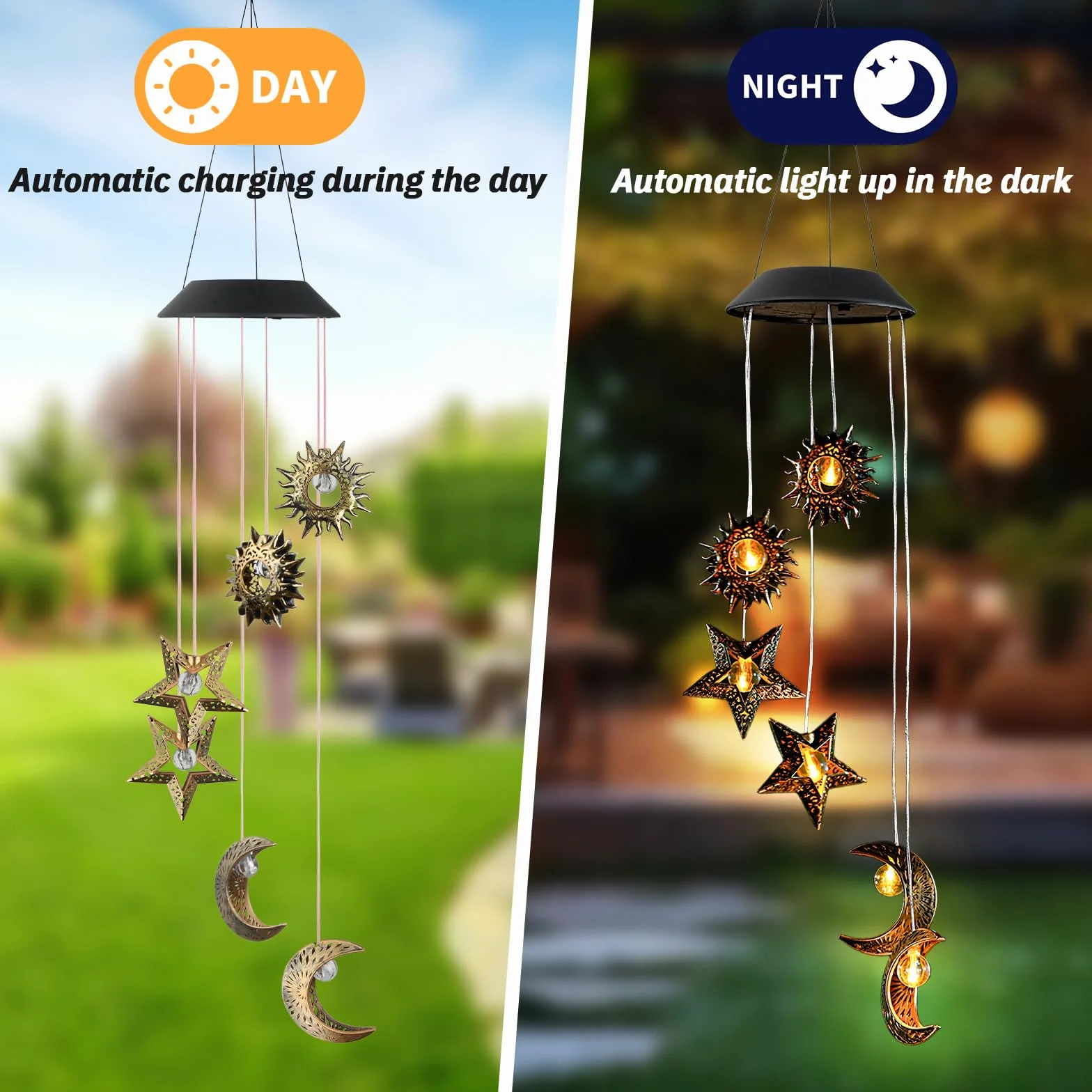 Campanas de Viento Solares LED para Exterior – Lámpara Decorativa Colgante de Jardín con Luz Solar, Sol, Luna y Estrella