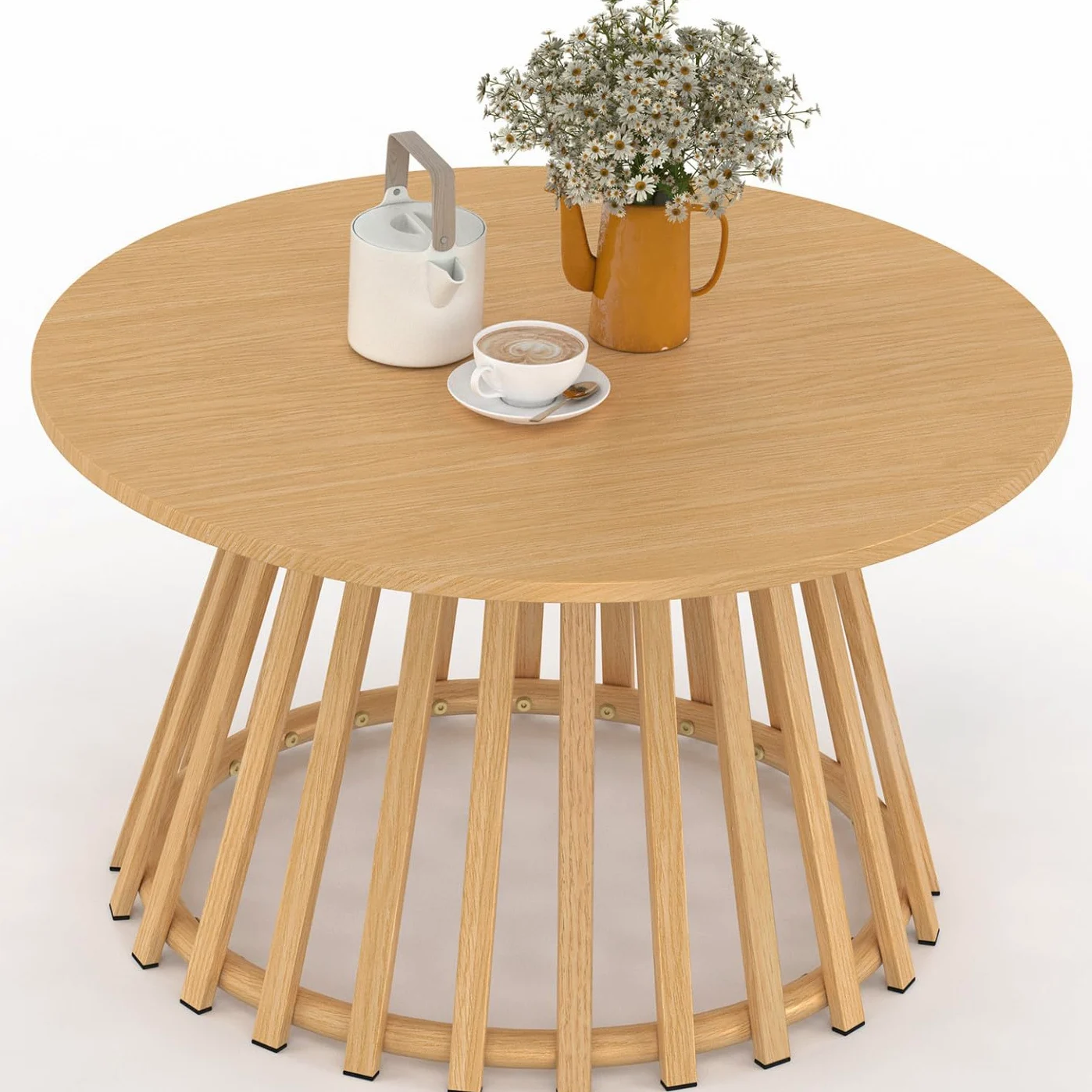 IDMarket – Mesa de centro de jardín redonda 70 cm SOLAL con patas de metal efecto madera